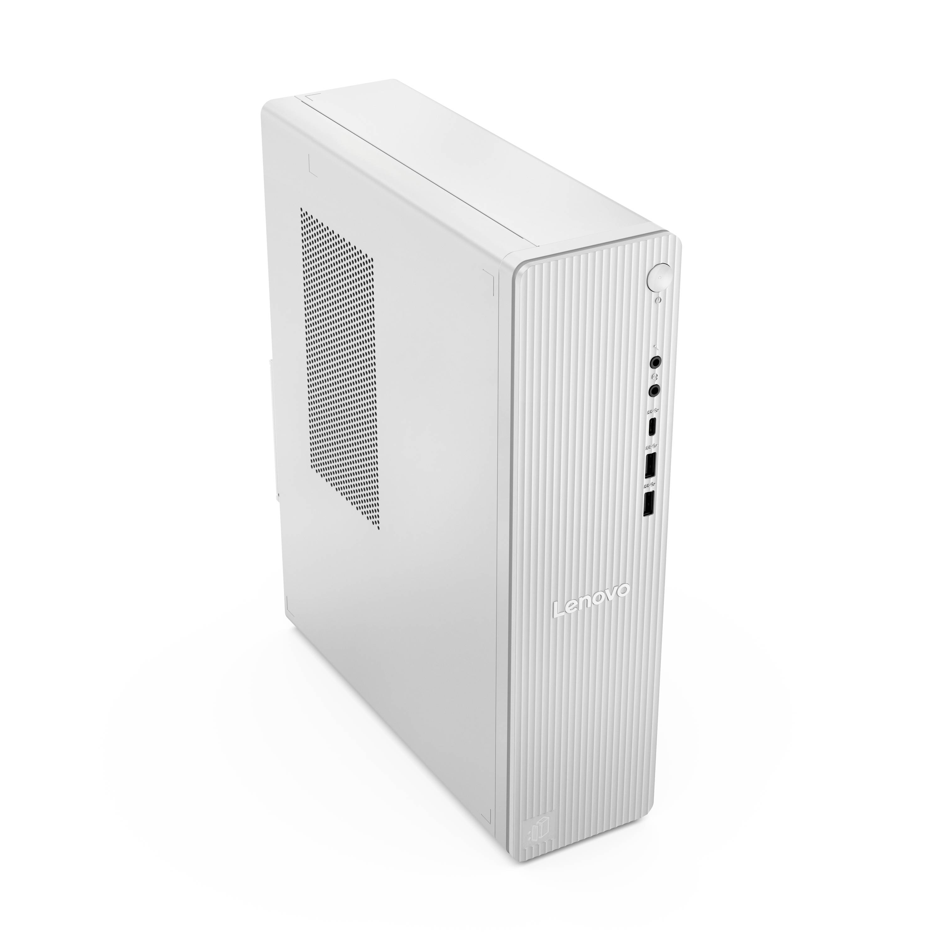 Weißer Lenovo-Desktop-PC-Turm in Dreiviertelsicht dargestellt, mit sichtbaren Frontanschlüssen und Lüftungspanel vor weißem Hintergrund.