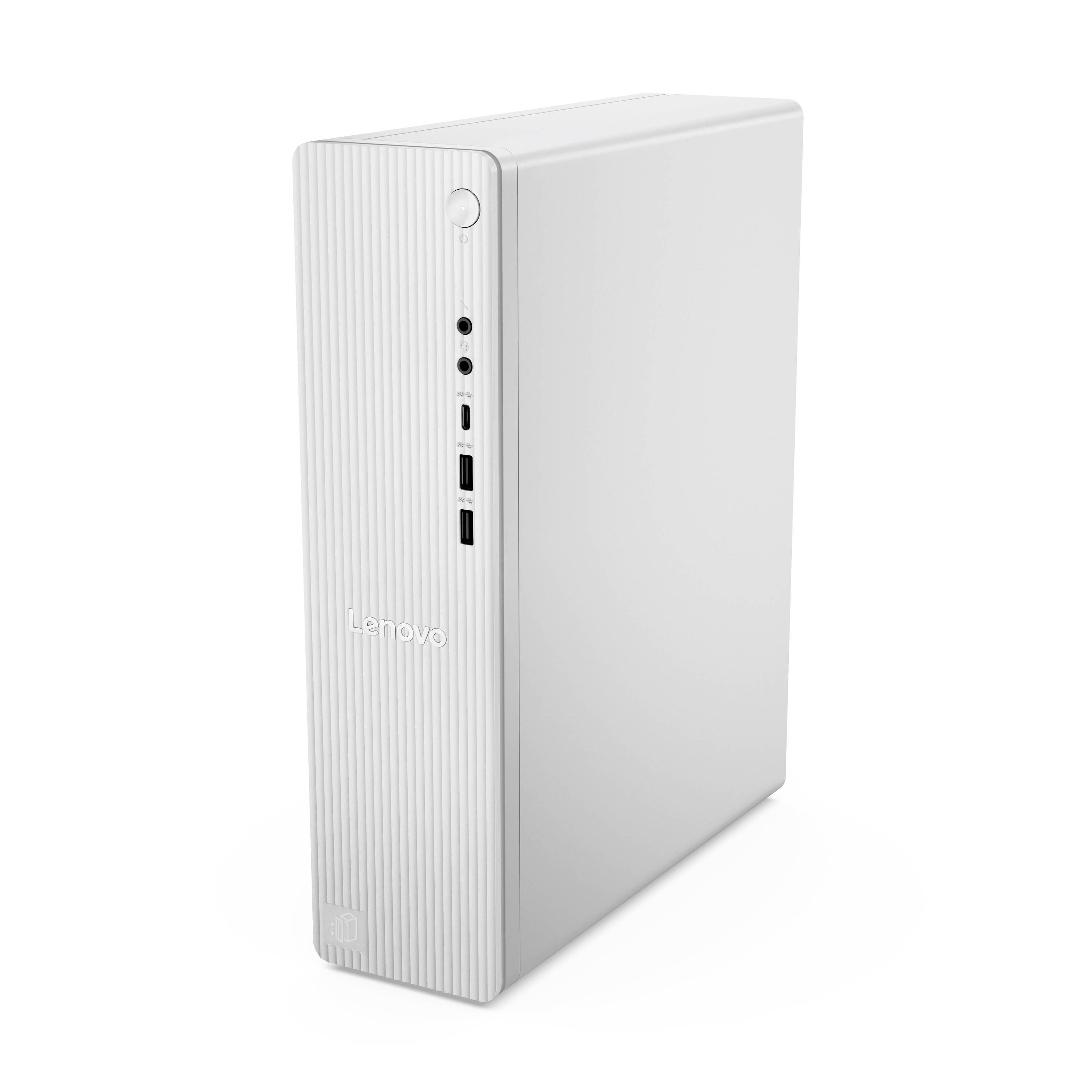 Weiße Lenovo-Desktop-Turmcomputer in Dreiviertelsicht mit sichtbaren vorderen USB- und Audioanschlüssen vor einem einfachen weißen Hintergrund.