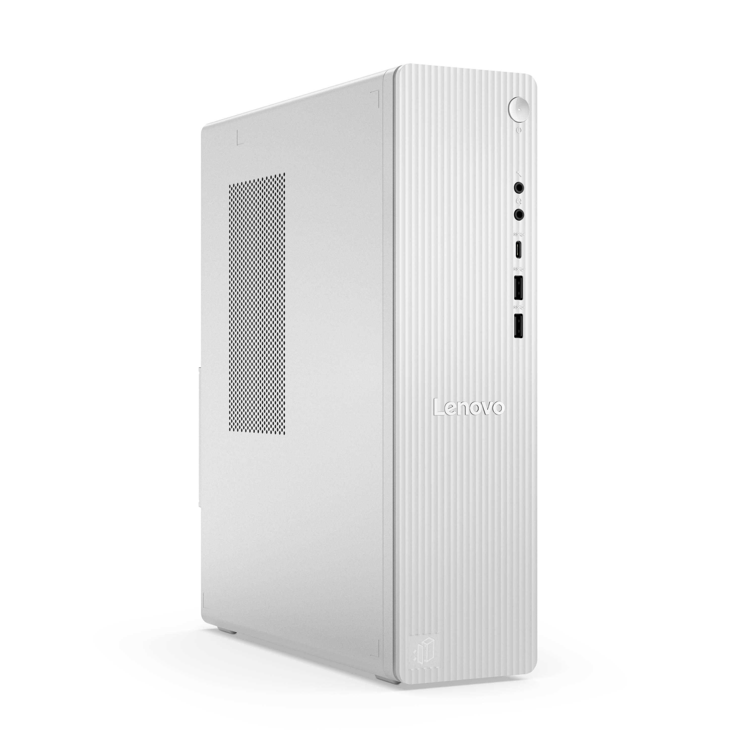 Weißer Lenovo Desktop-Mini-PC-Tower in der vorderen linken Produktansicht, mit vorderen USB- und Audioanschlüssen sowie einem perforierten Seitenlüftungsgitter.