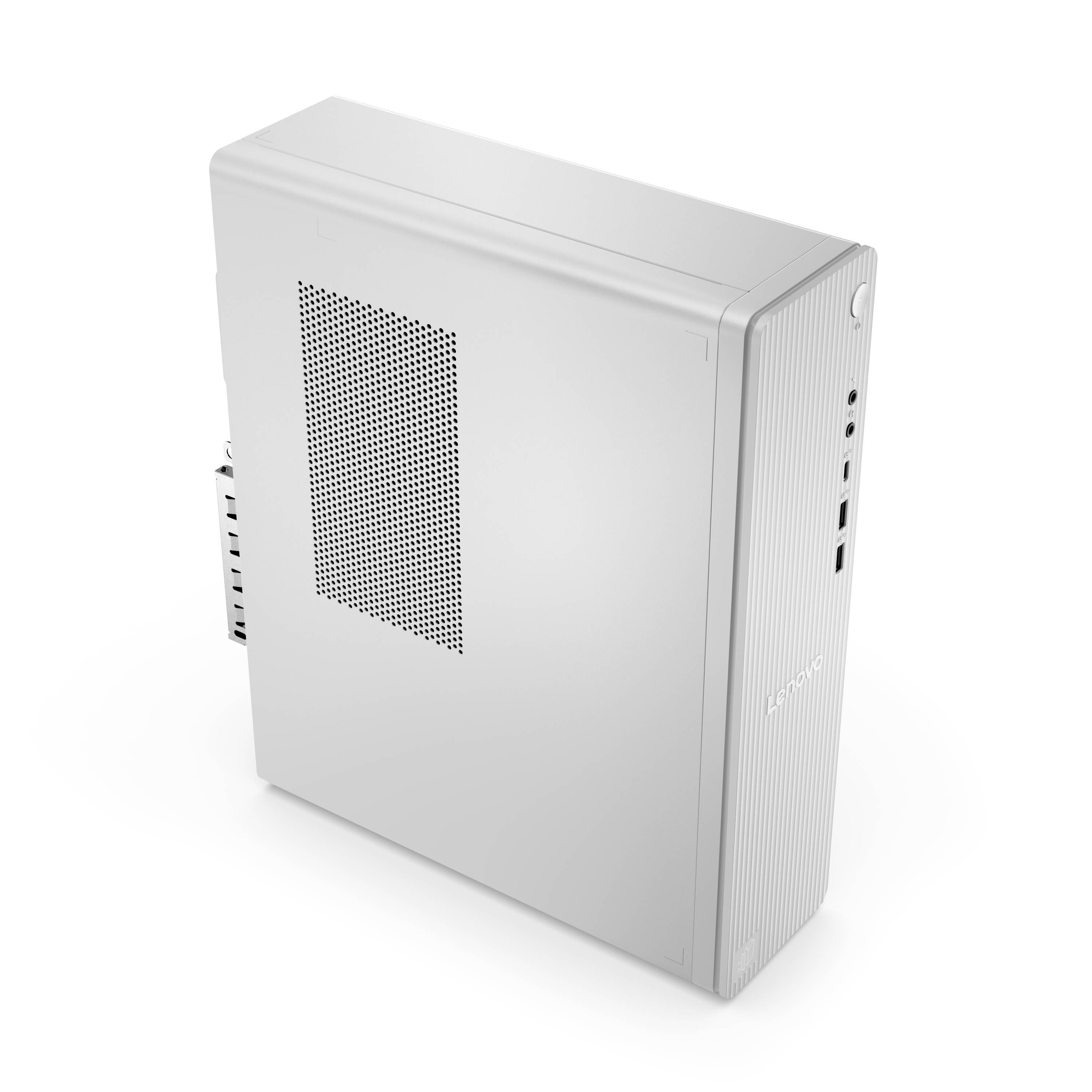Weißer Lenovo-Desktop-Computer-Tower in Dreiviertelperspektive vor einem einfachen Hintergrund, mit sichtbarem Lüftungsgitter an der Seitenfläche und sichtbaren Anschlüssen/Tasten an der Vorderseite.