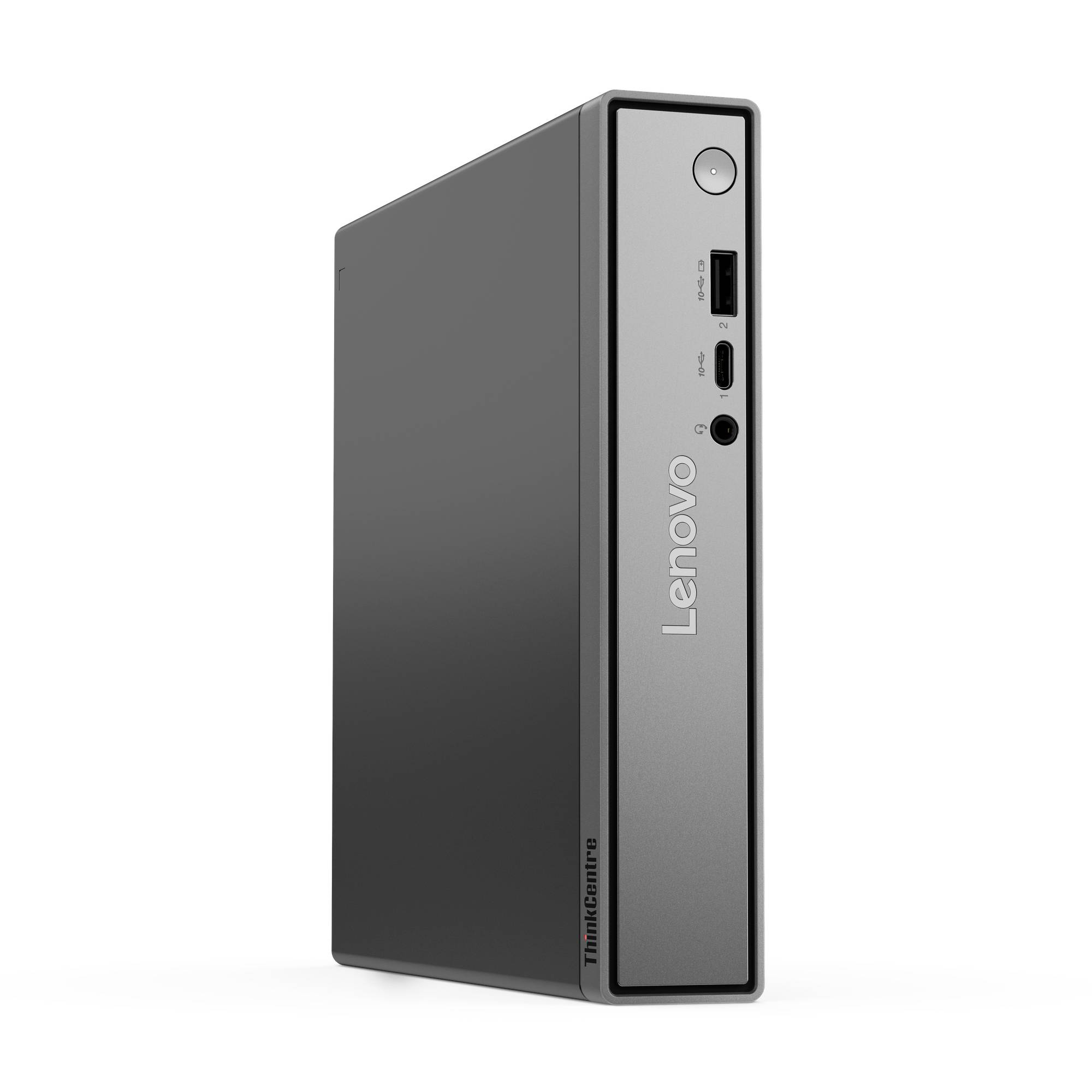 Kompakter Lenovo ThinkCentre Desktop-Tower aufrecht auf weißem Hintergrund dargestellt, mit sichtbarem vorderem Stromschalter und USB-, USB-C- sowie Kopfhöreranschlüssen.