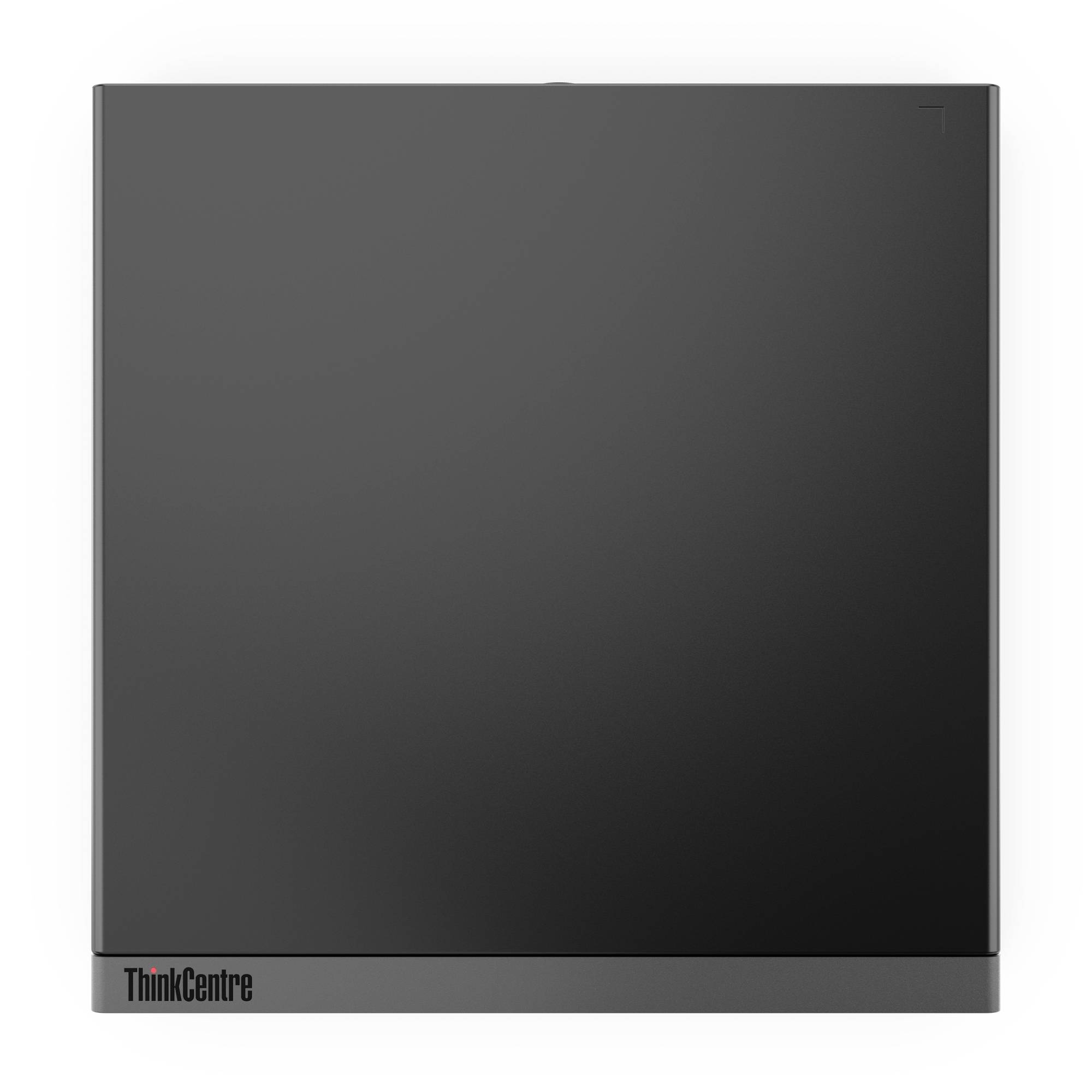 Schwarzer Lenovo ThinkCentre Desktop-Computer, Vorderansicht mit Logo unten links.