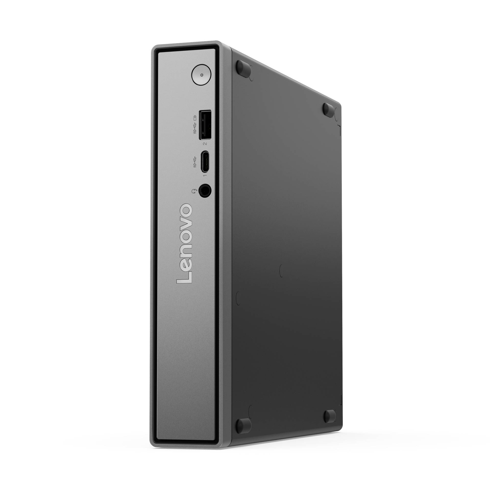 Lenovo Mini-PC-Turm in Dreiviertelperspektive dargestellt, mit Fronteinschaltknopf, USB-C-, USB-A- und Kopfhöreranschlüssen auf der Frontblende.