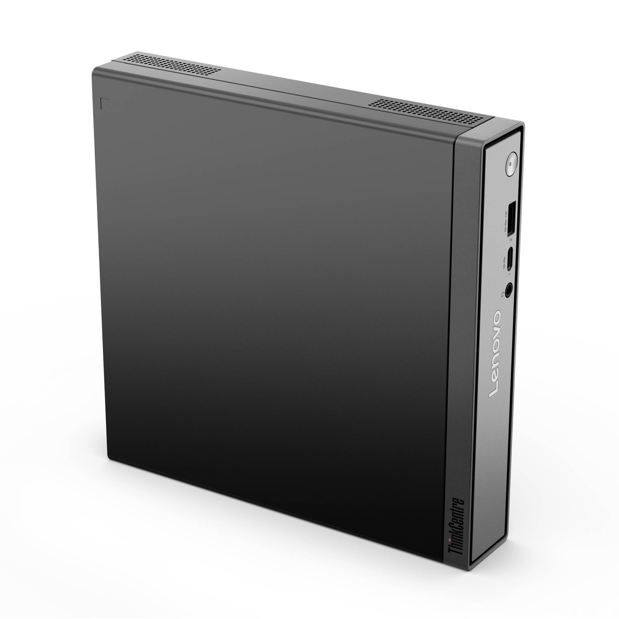 Schwarzer Lenovo ThinkCentre Desktop-Computer Tower auf einfachem weißem Hintergrund in einem Produktbild, mit sichtbaren Frontanschlüssen und Einschaltknopf.