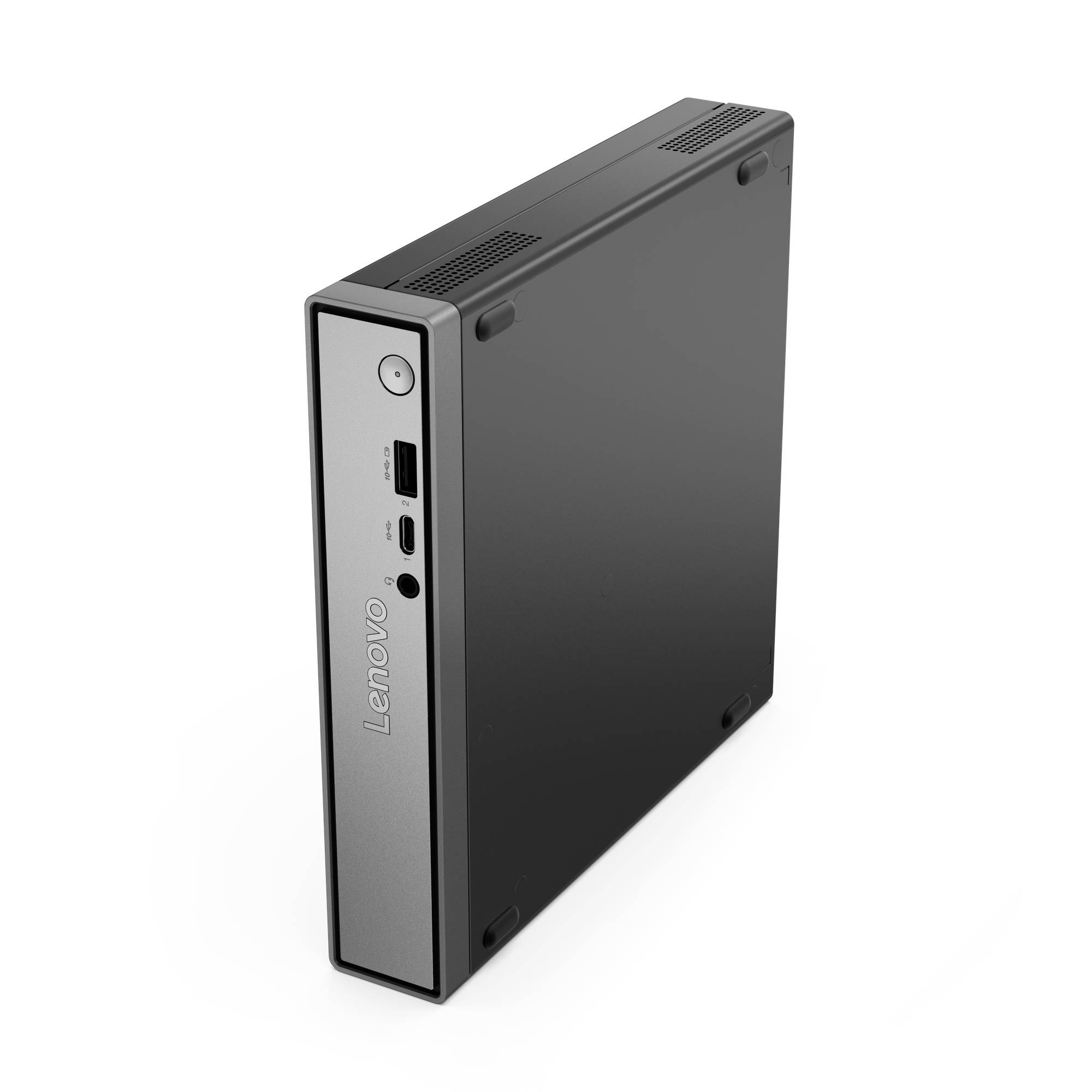 Lenovo kompakter Mini-Desktop-Computer, gezeigt in einer Dreiviertelperspektive mit vorderer Ein-/Aus-Taste, USB-Anschlüssen und Audiobuchse.
