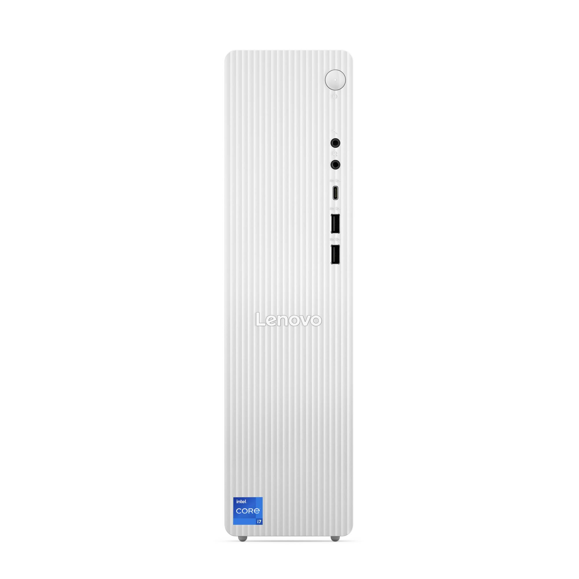 Weißer Lenovo-Desktop-Tower mit vertikal gerippter Front, Einschalttaste, Front-Anschlüssen und Intel-Core-Abzeichen.