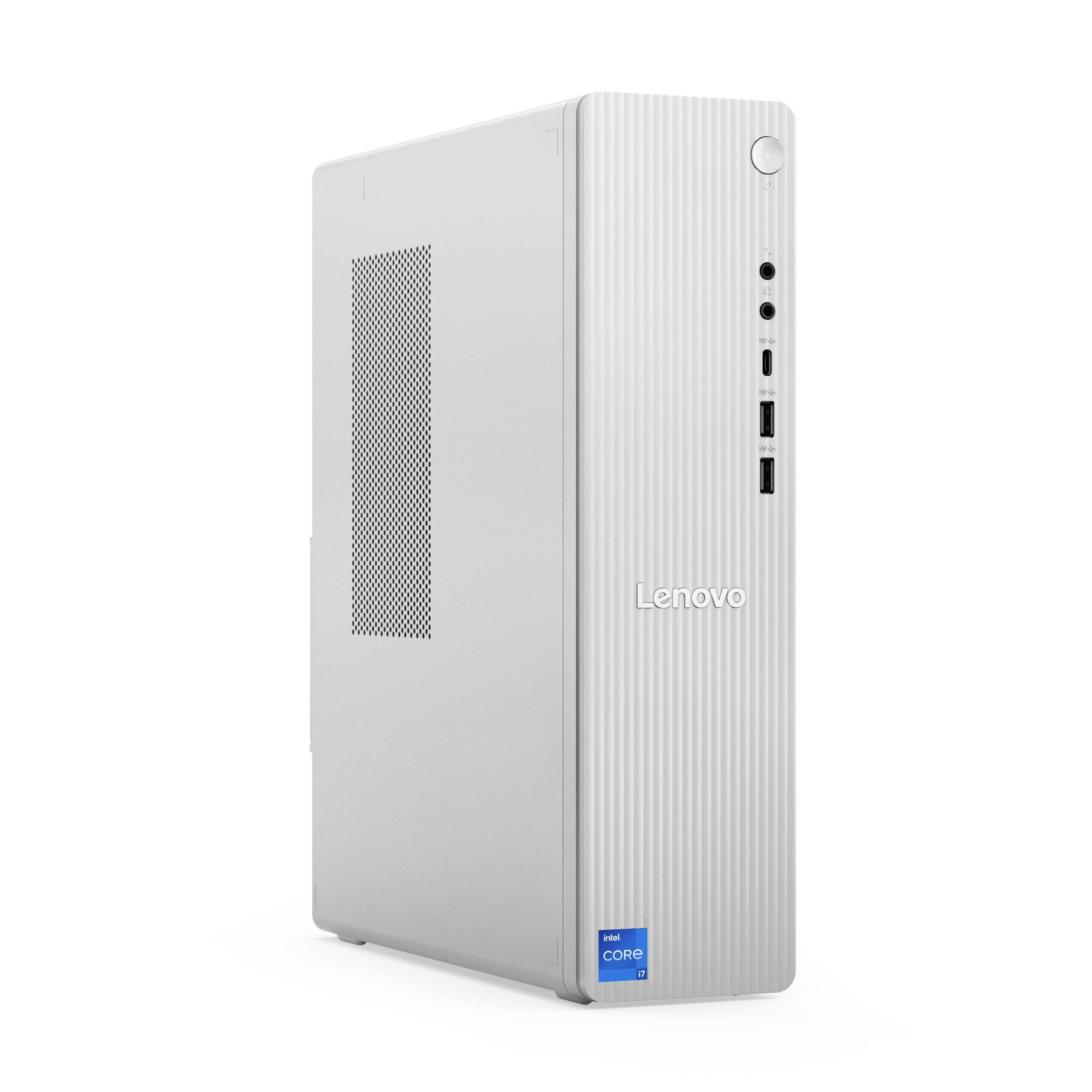 Weißer Lenovo-Desktop-Mini-Tower-Computer in Dreiviertelansicht, mit sichtbaren vorderen USB- und Audioanschlüssen.