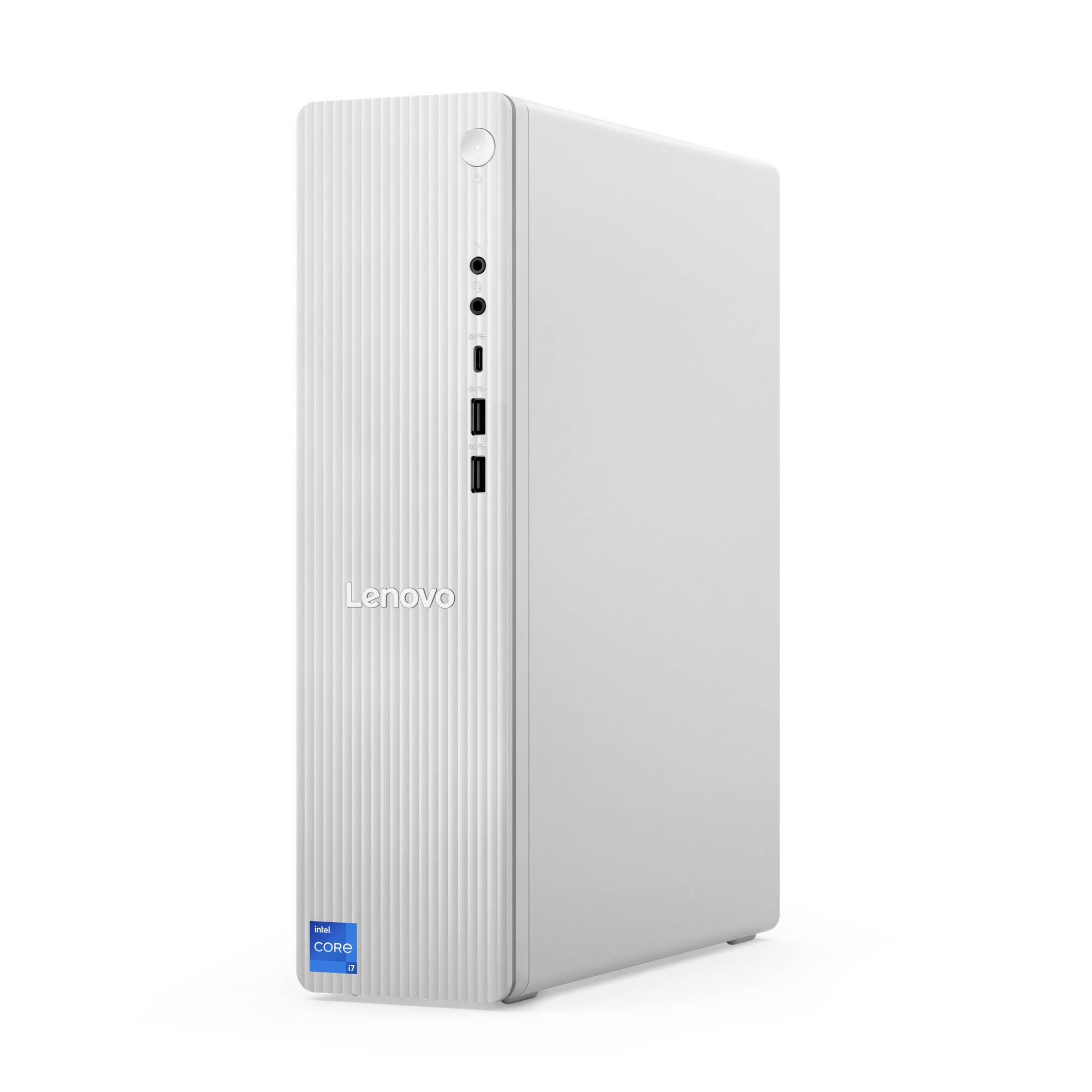 Weißer Lenovo-Desktop-Turm-PC auf einfachem Hintergrund, mit vorderen Anschlüssen, Netzschalter und Intel-Core-Badge.