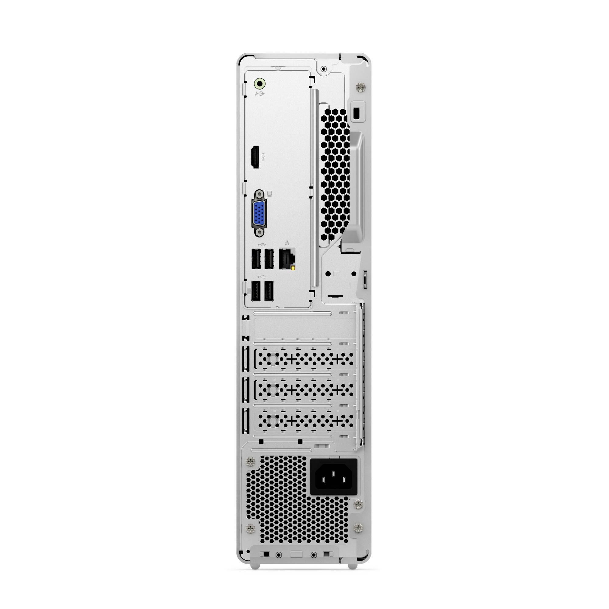 Rückansicht eines Desktop-Computer-Gehäuses mit Anschlüssen der Rückplatte, Erweiterungssteckplätzen und Stromversorgungsstecker.