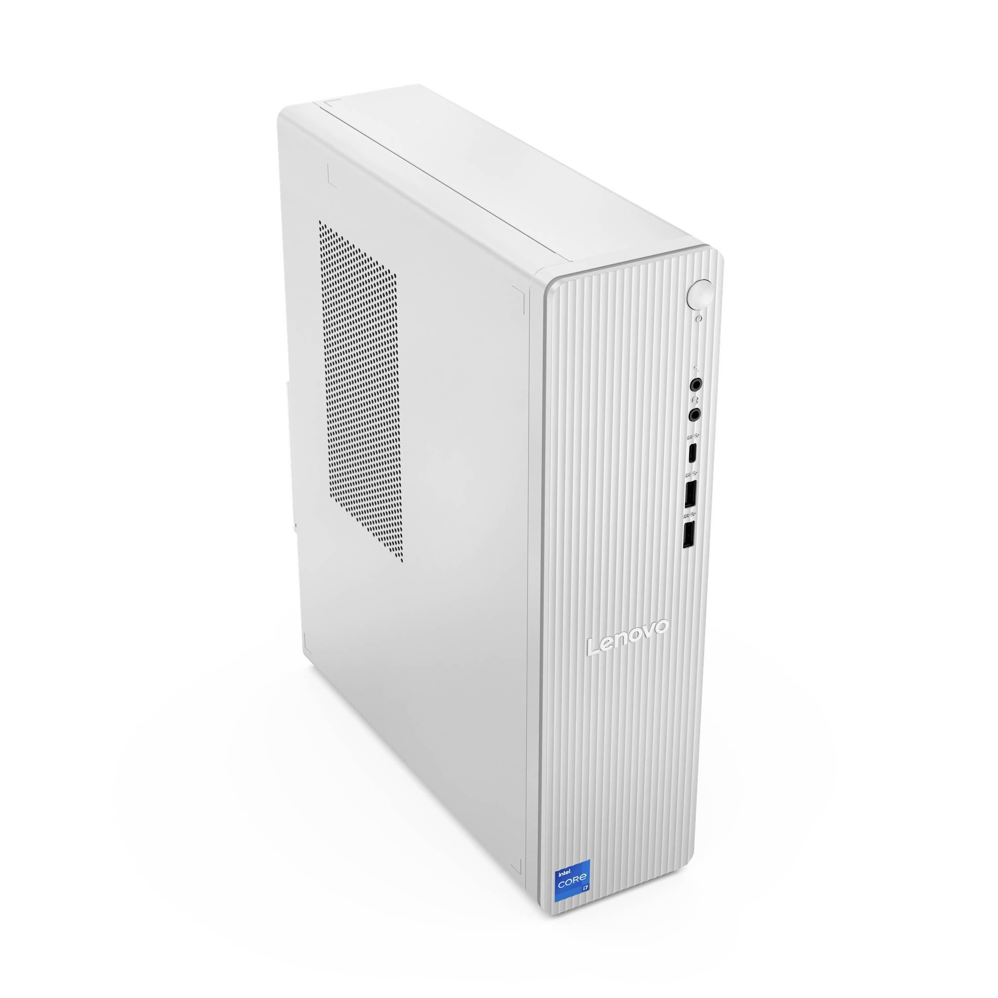 Weißer Lenovo-Desktop-Computer-Tower in Schrägansicht, mit sichtbaren vorderen USB- und Audioanschlüssen.