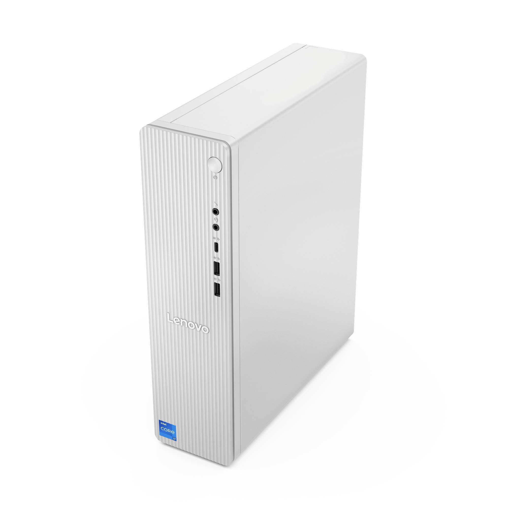 Weiße Lenovo-Desktop-Tower-Computergehäuse in schrägvorderansicht mit sichtbarem vorderen Ein-/Ausschalter, Anschlüssen und Logo.