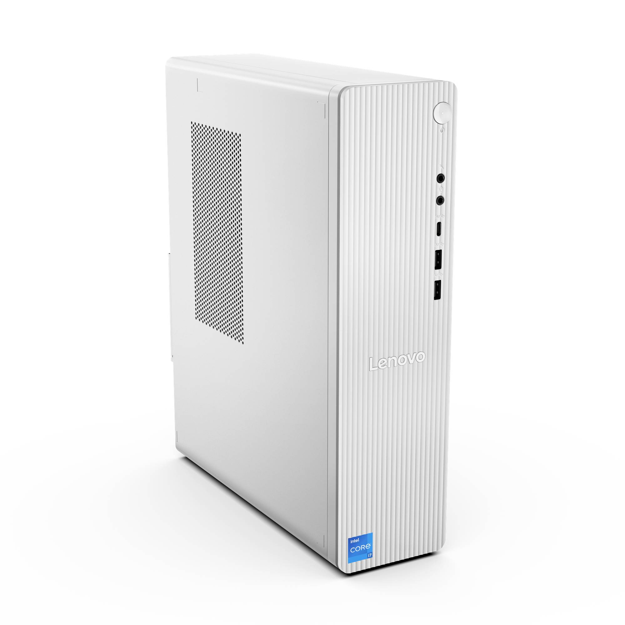 Weißer Lenovo Desktop-Mini-PC-Tower mit Front-Ein-/Ausschalter, USB-Anschlüssen und seitlichem Lüftungsschlitz, dargestellt auf weißem Hintergrund.