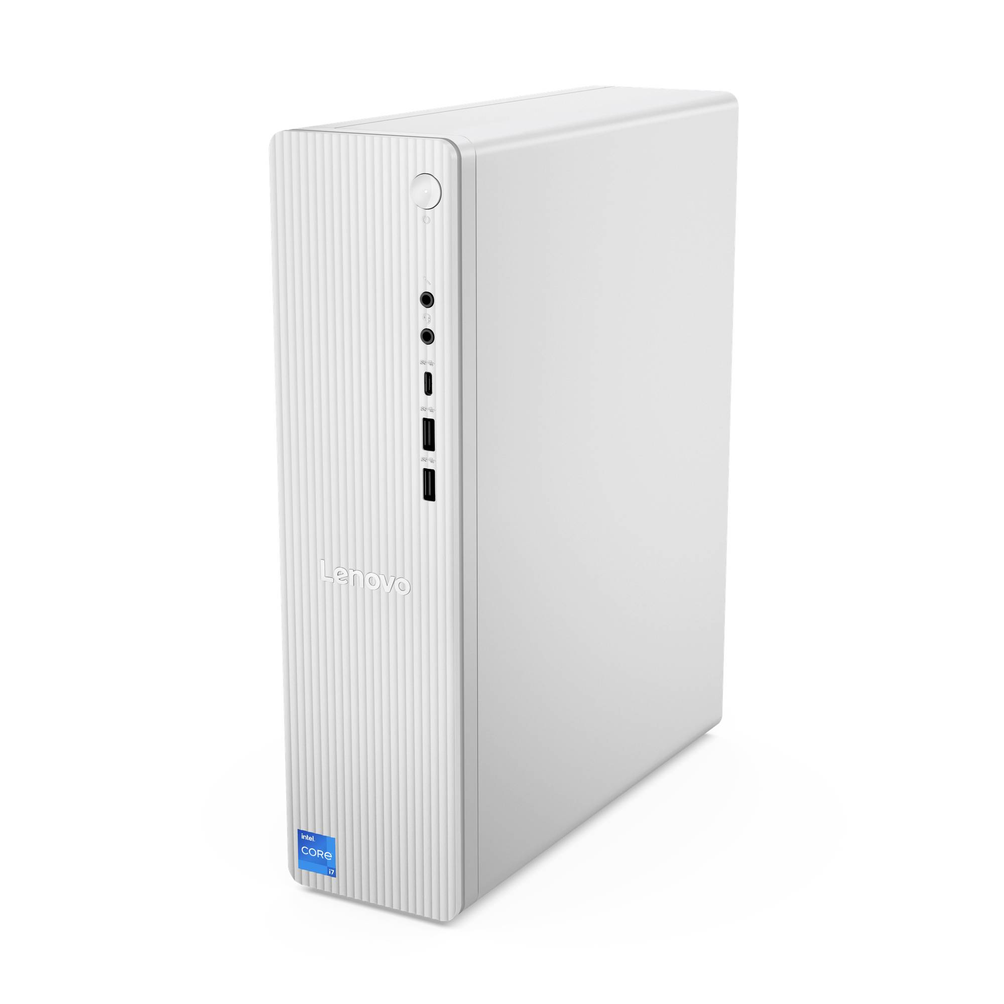 Weißer Lenovo-Desktop-Tower-PC mit Frontschalter, USB-Anschlüssen und Intel-Core-Aufkleber auf weißem Hintergrund gezeigt.