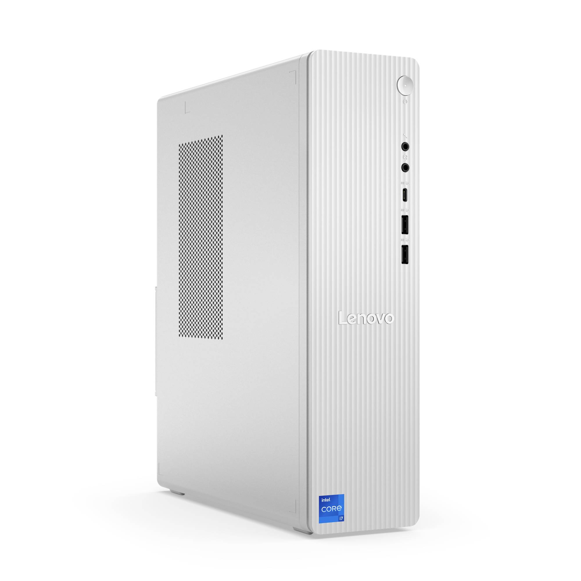 Lenovo Desktop-PC-Tower in einem weißen Gehäuse mit vorderen USB-Anschlüssen und Intel Core-Aufkleber, isoliert auf weißem Hintergrund dargestellt.