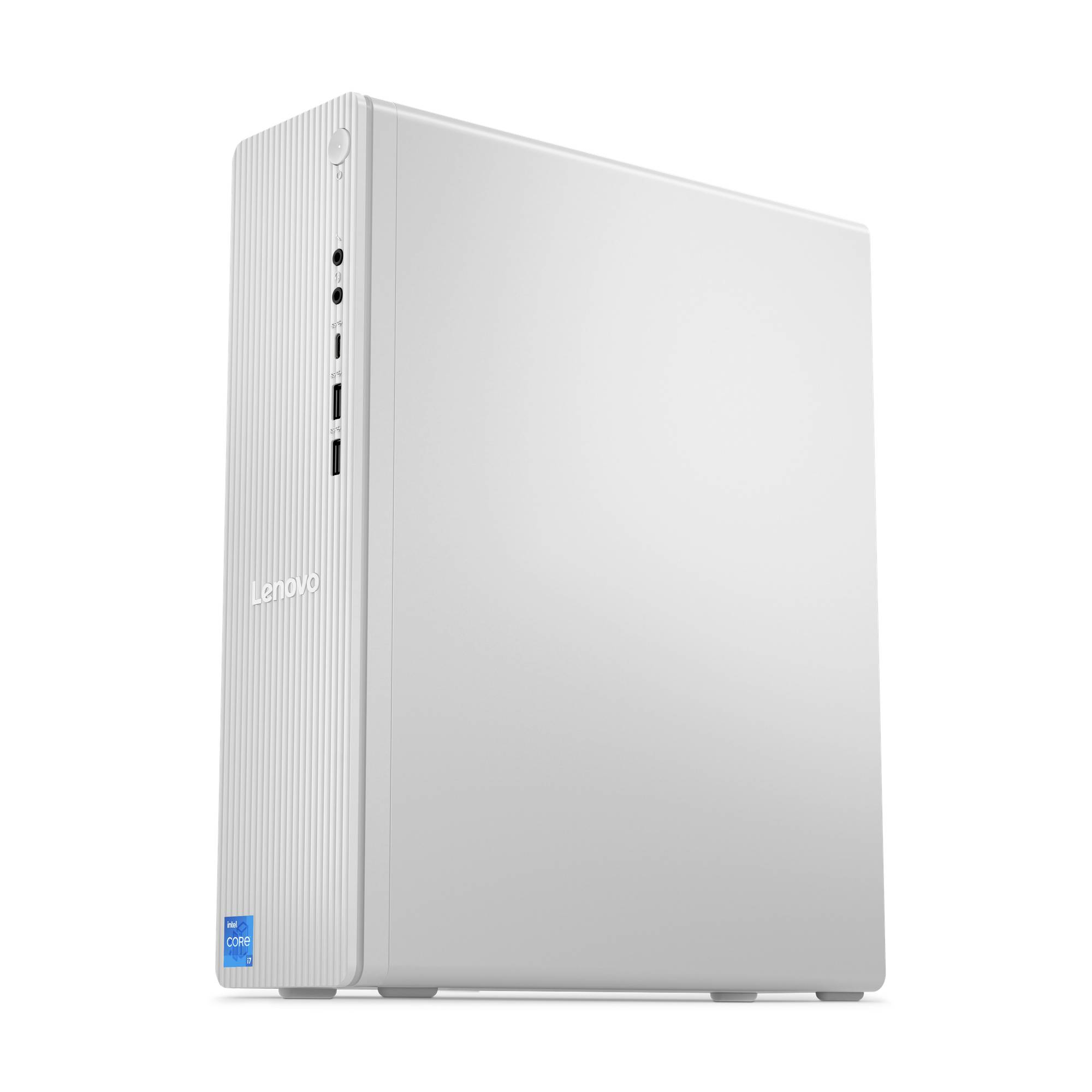 Silber-farbener Lenovo-Desktop-Turm-Computer von vorne links auf weißem Hintergrund gezeigt