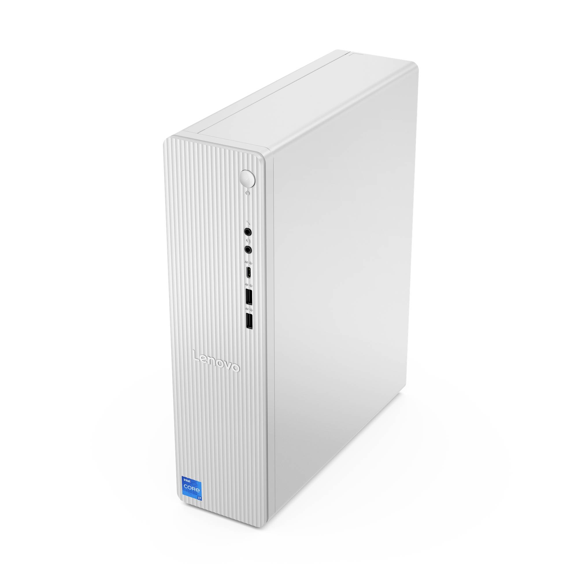 Weißer Lenovo-Desktop-Türme-Computer, Vorderansicht, mit vertikal belüfteter Blende, Netzschalter, USB- und Audioanschlüsse.