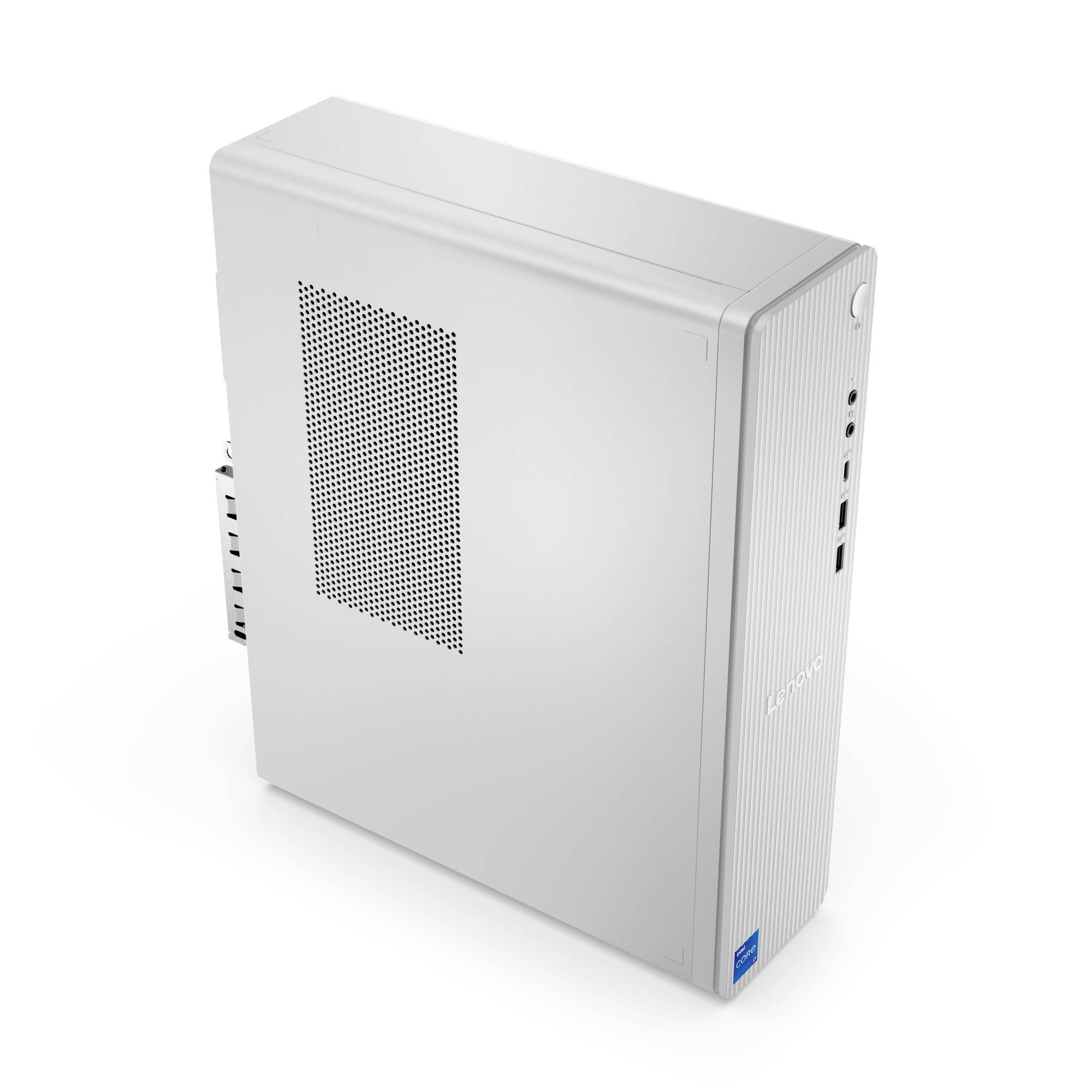 Weißer Lenovo Mini-Desktop-Computer-Tower in Dreiviertelsicht, mit perforiertem Seitenlüftungsschlitz und Front-/Seitenports auf einfachem weißem Hintergrund.