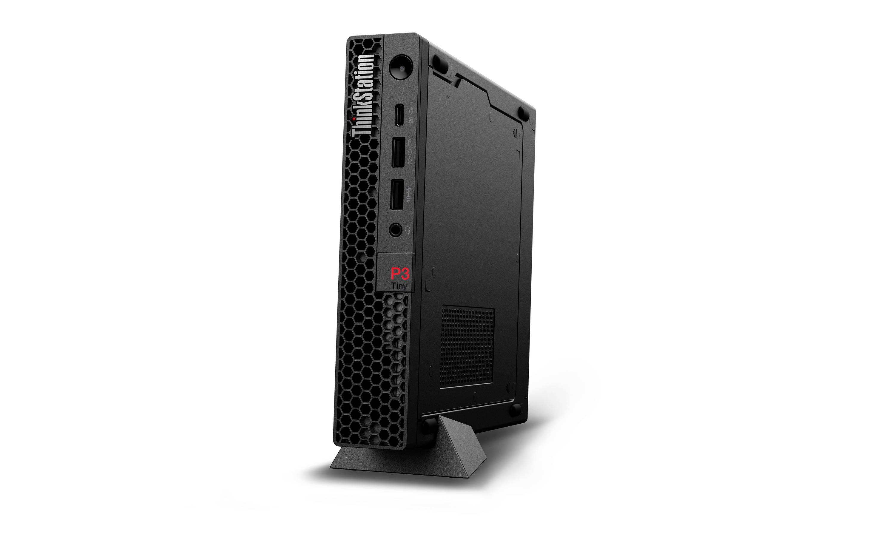 Kompakter schwarzer ThinkStation P3 Desktop-Tower aufrecht auf weißem Hintergrund dargestellt.