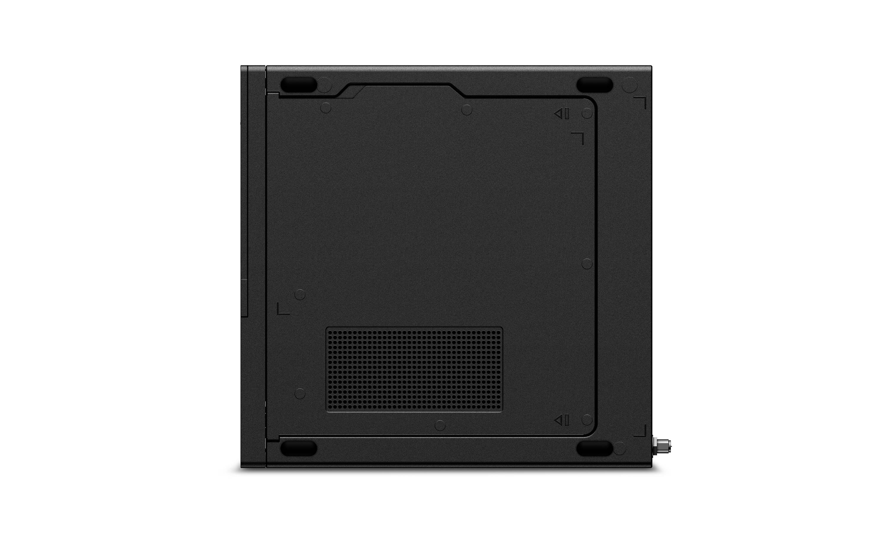 Rückansicht eines schwarzen rechteckigen elektronischen Geräts oder wandmontierten Panels mit Montagesteckplätzen, Lüftungsöffnungen und einem kleinen Anschluss auf der rechten Seite.