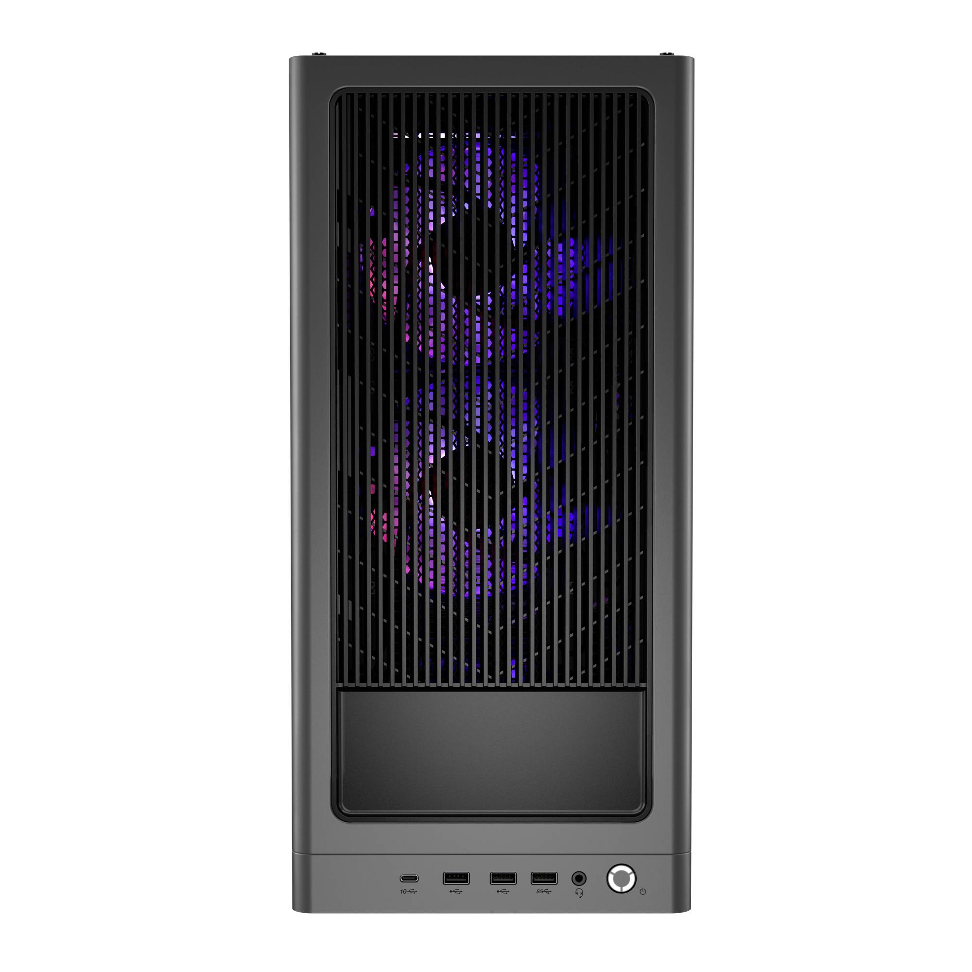Frontansicht eines schwarzen Desktop-PC-Gehäuses mit RGB-beleuchteten doppelten Lüftern hinter einem Gitter und vorderen Anschlüssen sowie Ein-/Ausschalter am unteren Ende.