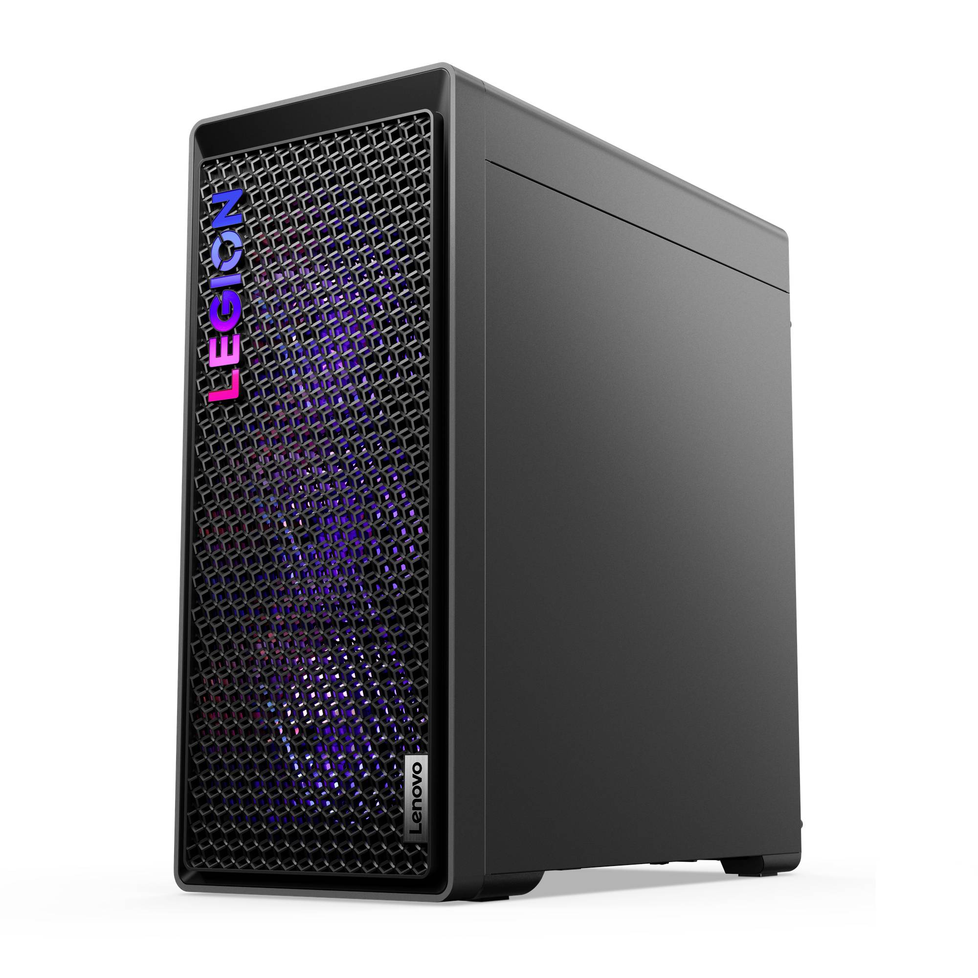 Schwarzer Lenovo Legion Desktop-Tower mit Mesh-Frontplatte und violett beleuchteten internen Lüftern.