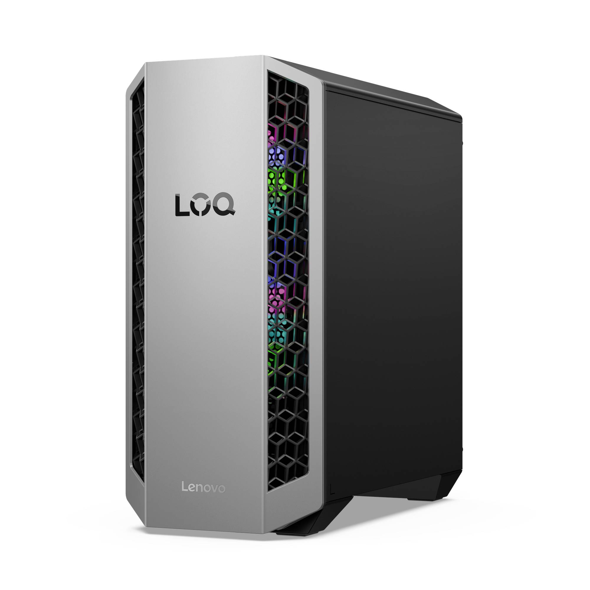Lenovo LOQ Desktop-Gaming-Tower mit grauem Frontpanel, schwarzer Seite und RGB-beleuchteter belüfteter Frontblende.