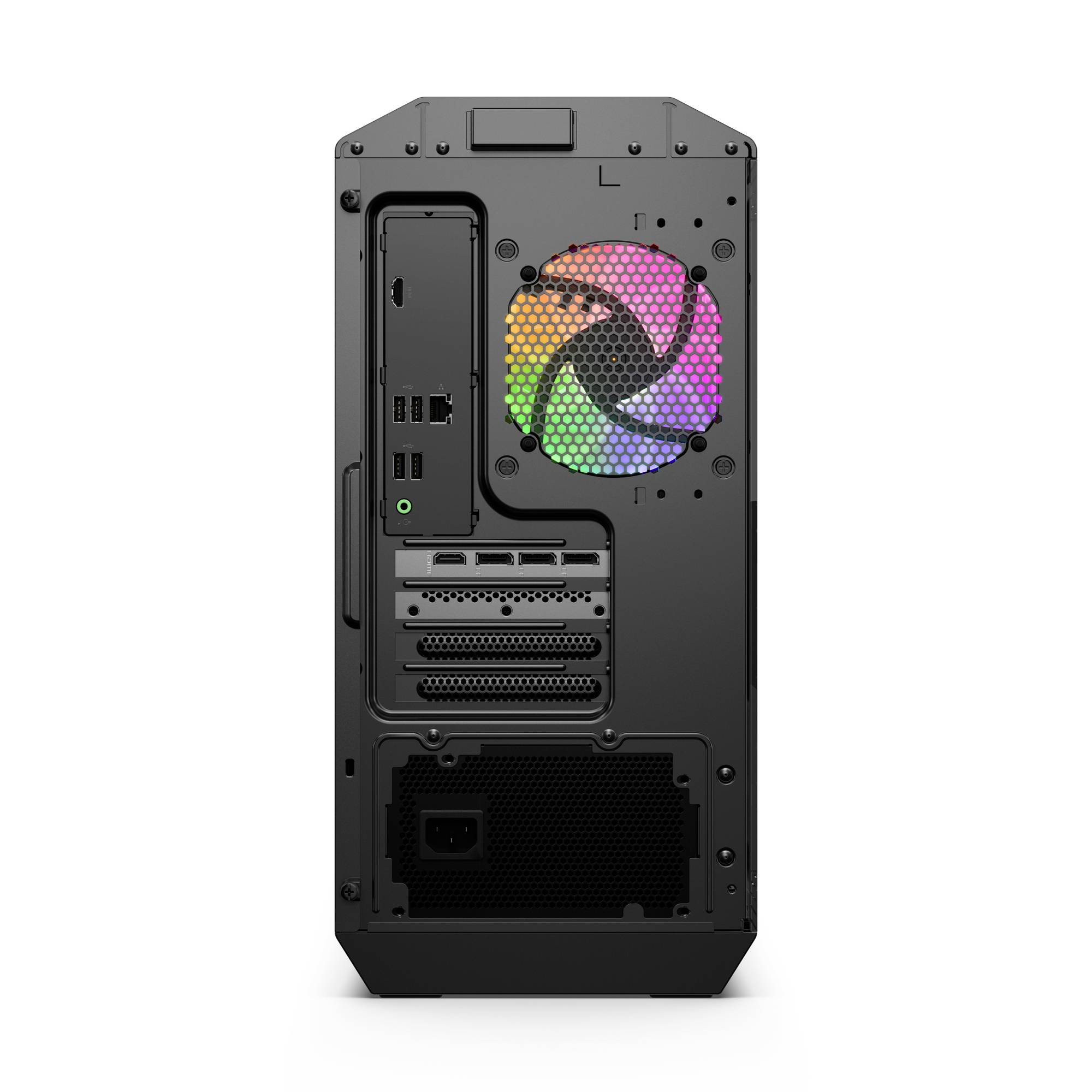Rückseite eines schwarzen Desktop-PC-Gehäuses mit farbig beleuchteter Rückseite Kühlerlüfter, Erweiterungssteckplätze, Stromeingabebuchse und Ein-/Ausgabeanschlüsse.