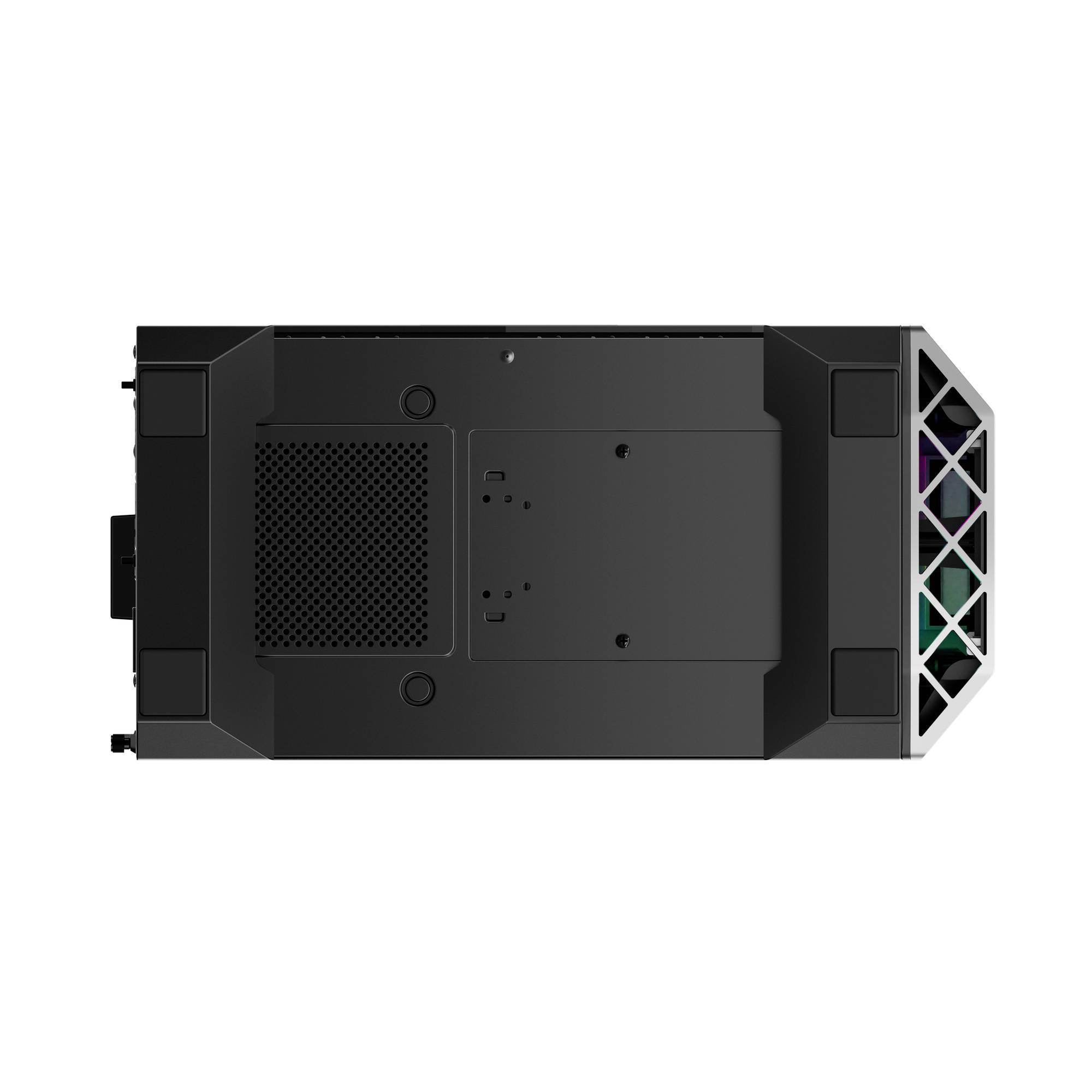 Draufsicht eines schwarzen rechteckigen elektronischen Geräts mit Lüftungsschlitzen und gemusterter Vorderseite auf weißem Hintergrund.