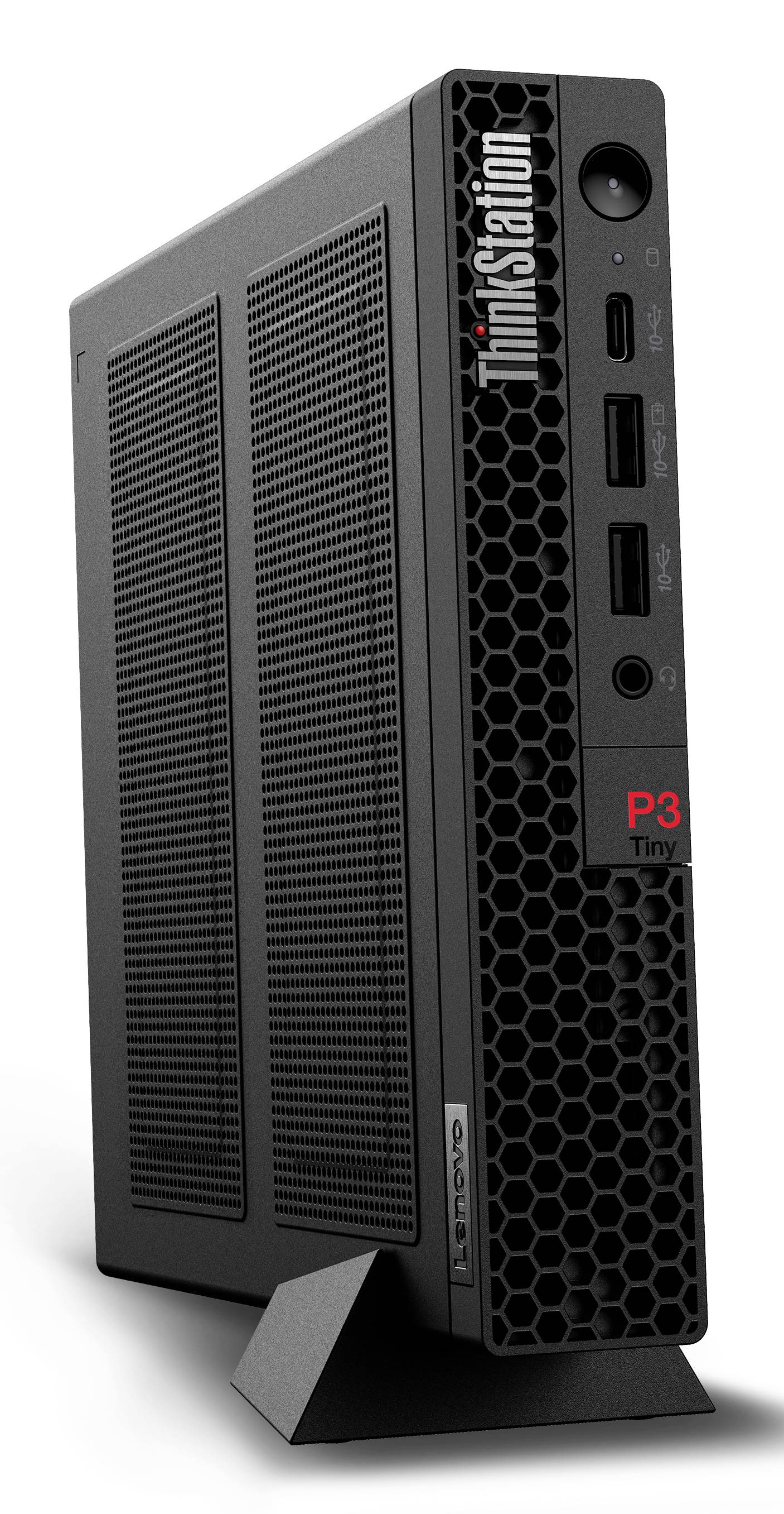Kompakter Lenovo ThinkStation P3 Tiny Desktop-Workstation mit Frontanschlüssen und Wabenbelüftung auf einem Ständer.