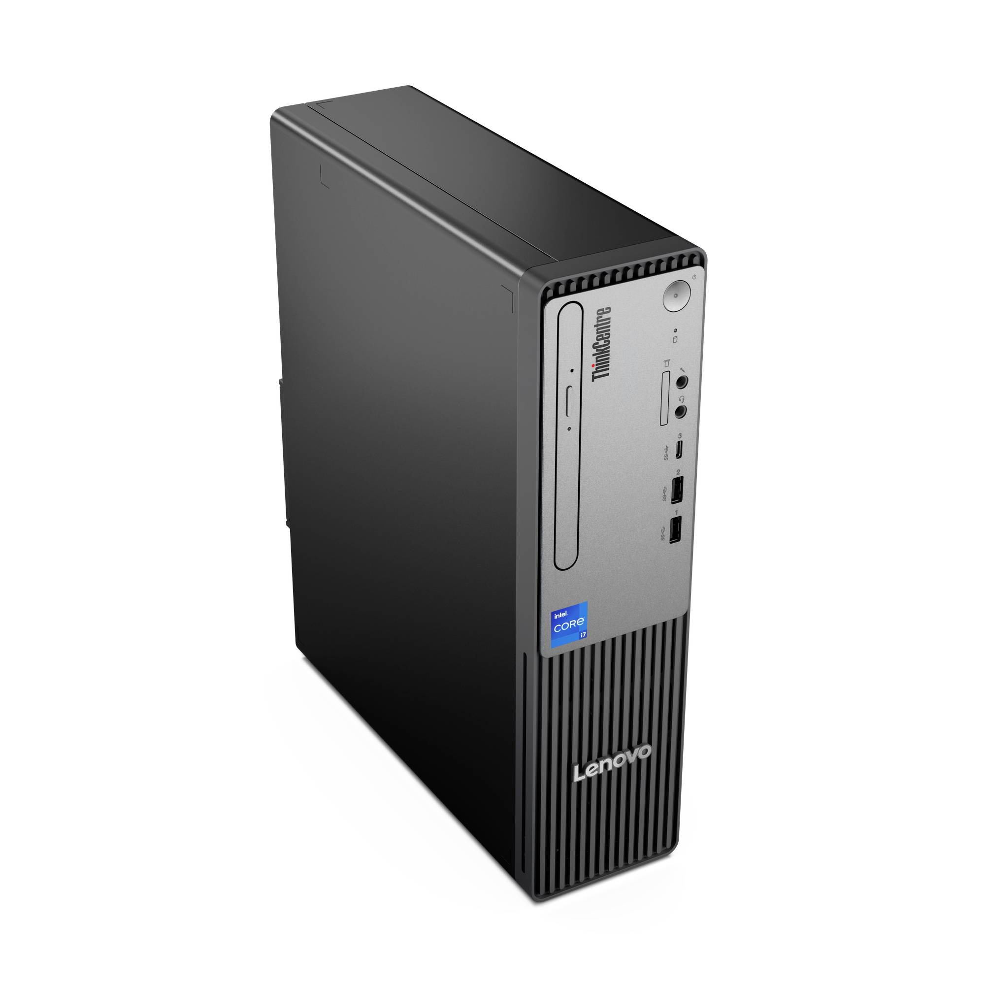 Lenovo ThinkCentre Desktop-Turmcomputer in schräger Ansicht auf weißem Hintergrund dargestellt.