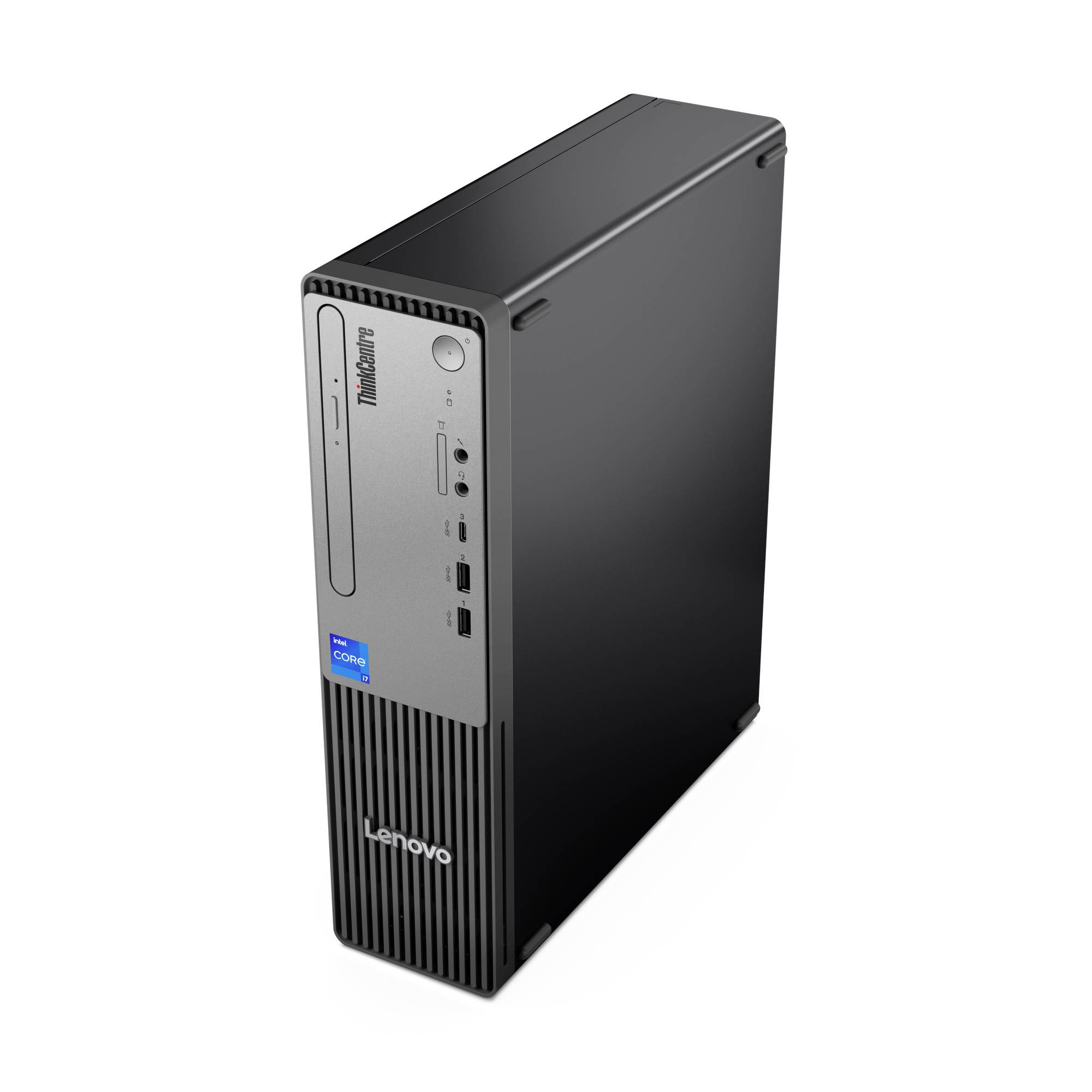 Schwarzer Lenovo ThinkCentre Desktop-Tower-Computer mit Front-Stromschalter, Laufwerkschacht und USB-Anschlüssen auf weißem Hintergrund