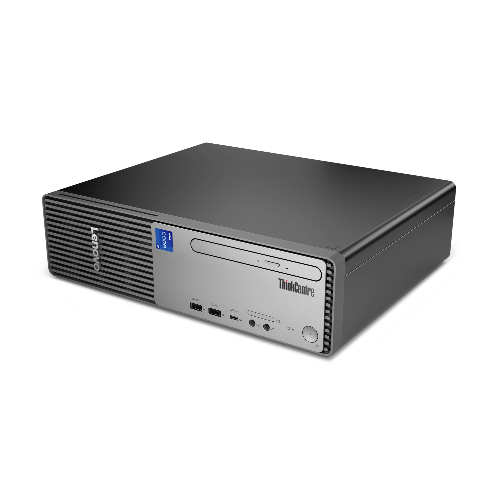 Lenovo ThinkCentre Desktop-Computer-Tower in Dreiviertelansicht auf weißem Hintergrund.