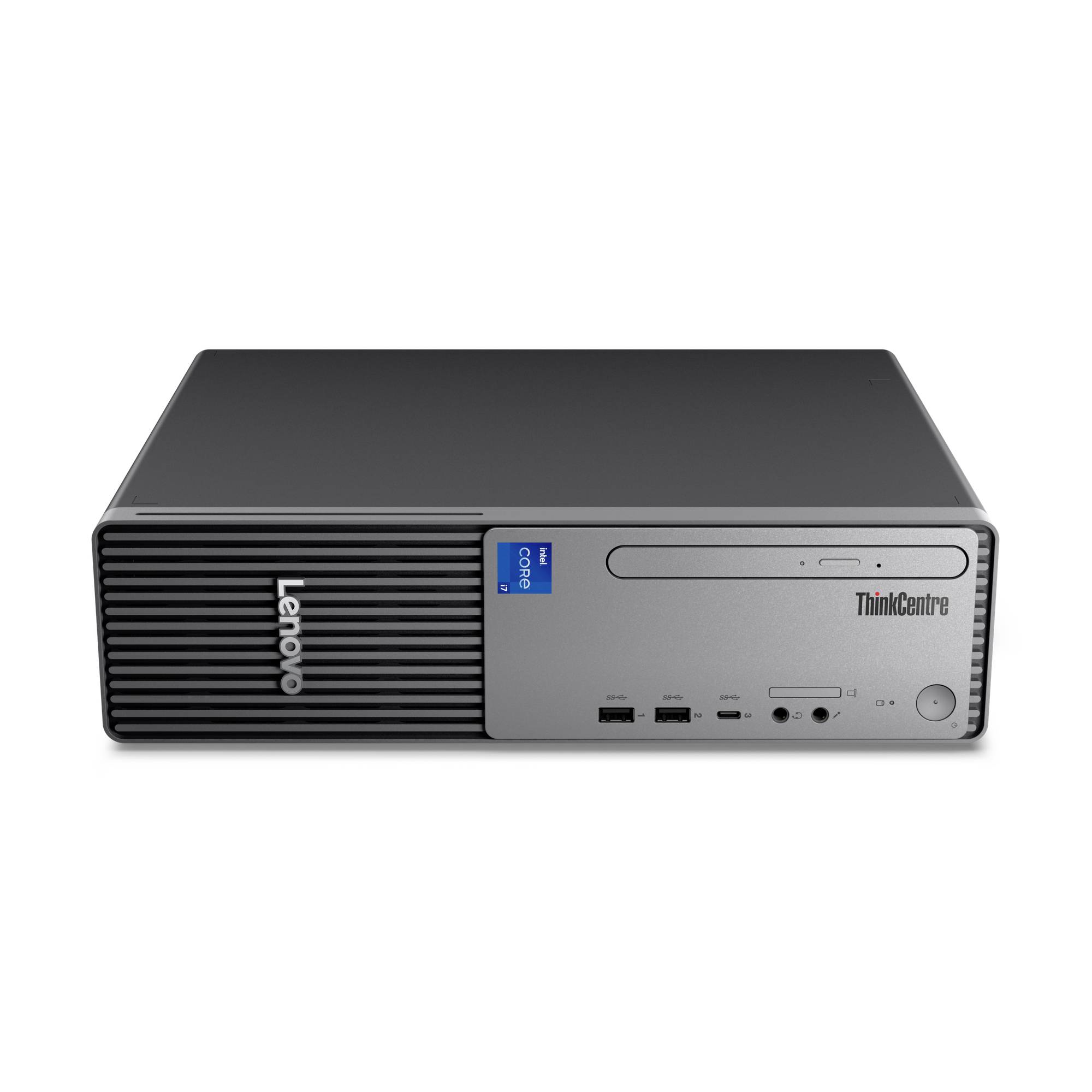 Vorderansicht eines Lenovo ThinkCentre Desktop-Computer-Towers mit vorderen USB- und Audio-Anschlüssen, Laufwerk und Ein-/Ausschalter.