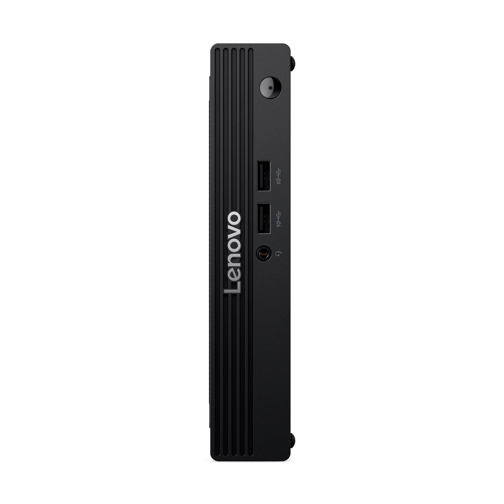 Seitenansicht eines schlanken schwarzen Lenovo Mini-PCs mit vertikalen Lüftungsschlitzen, zwei USB-Anschlüssen und einem runden Ein-/Ausschalter auf der Vorderseite.