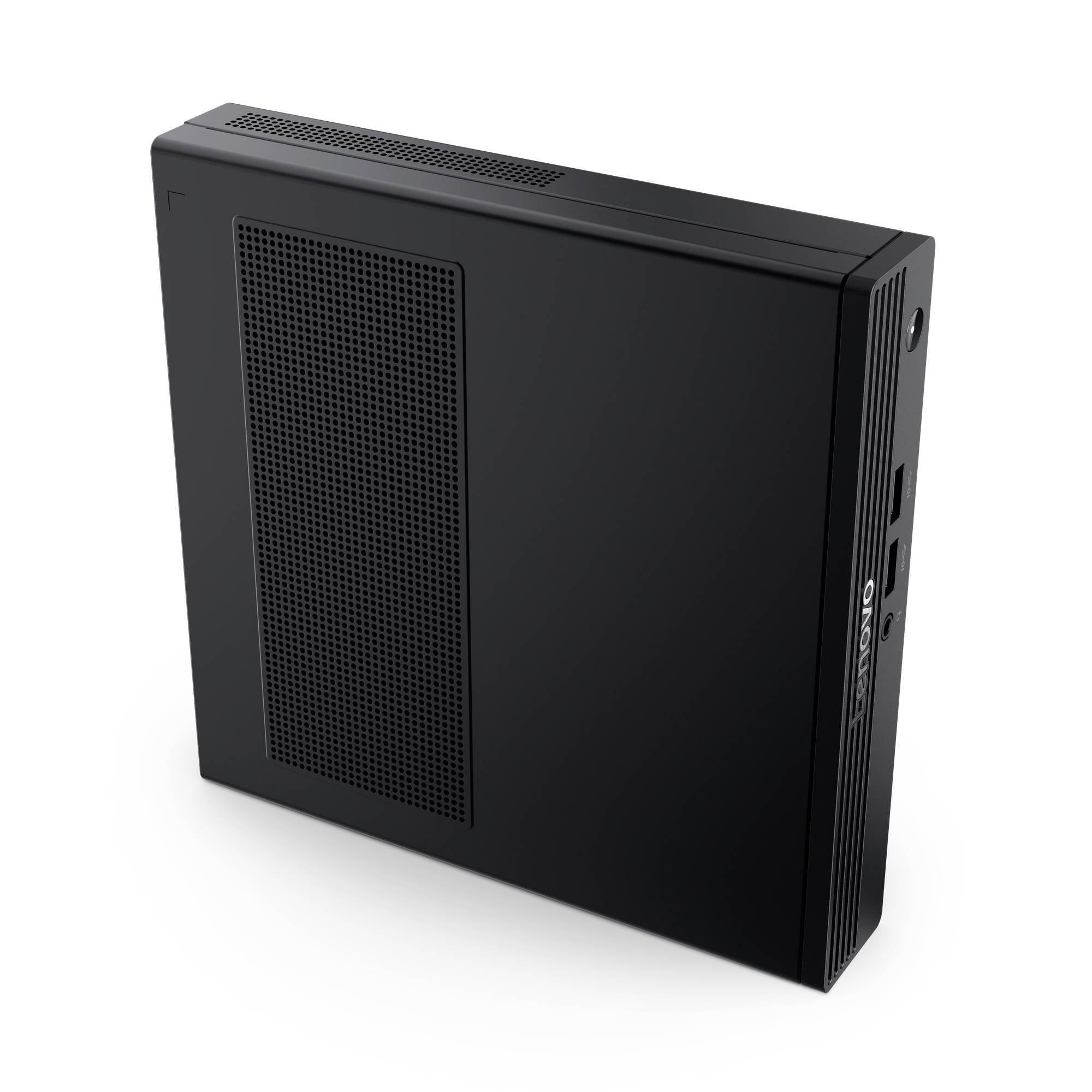Schwarzer Lenovo-Desktop-Computertower in Perspektivdarstellung mit belüftetem Seitenpanel und vorderen Anschlüssen.