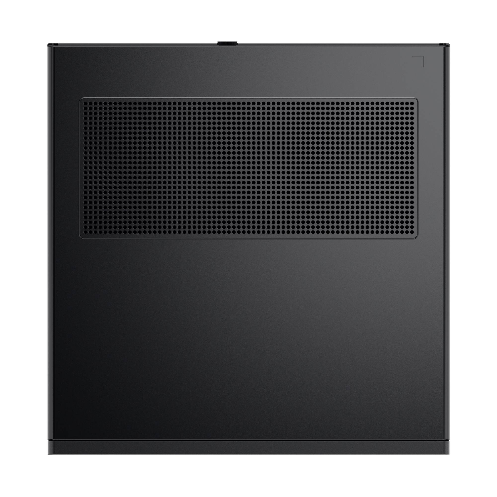 Schwarzes rechteckiges Desktop-Computergehäuse mit großem perforiertem Belüftungsgitter an der Vorderseite.