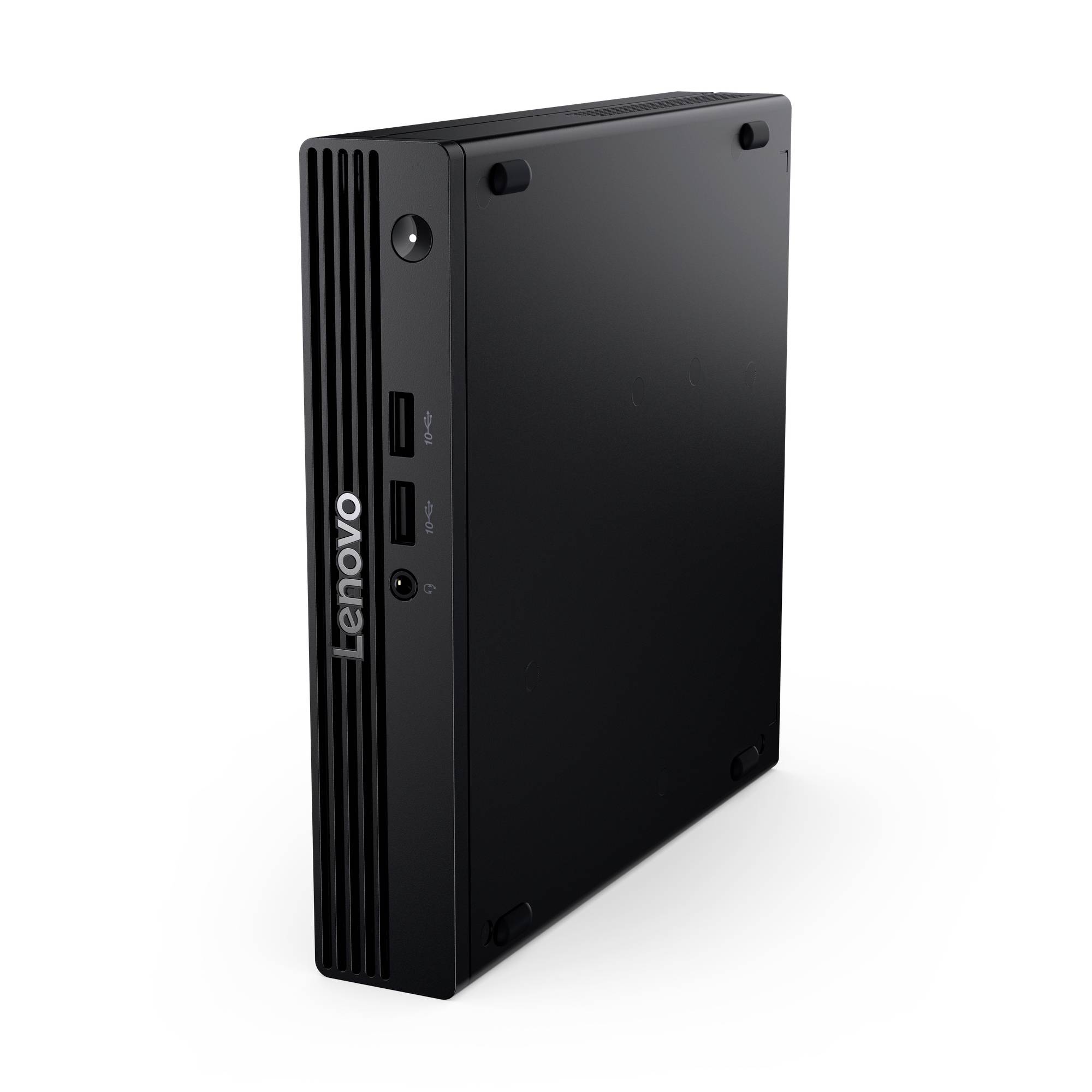 Lenovo Mini-PC-Tower, schwarz, in schräger Ansicht mit vorderen USB-Anschlüssen, Stromschalter und Belüftungsschlitzen.