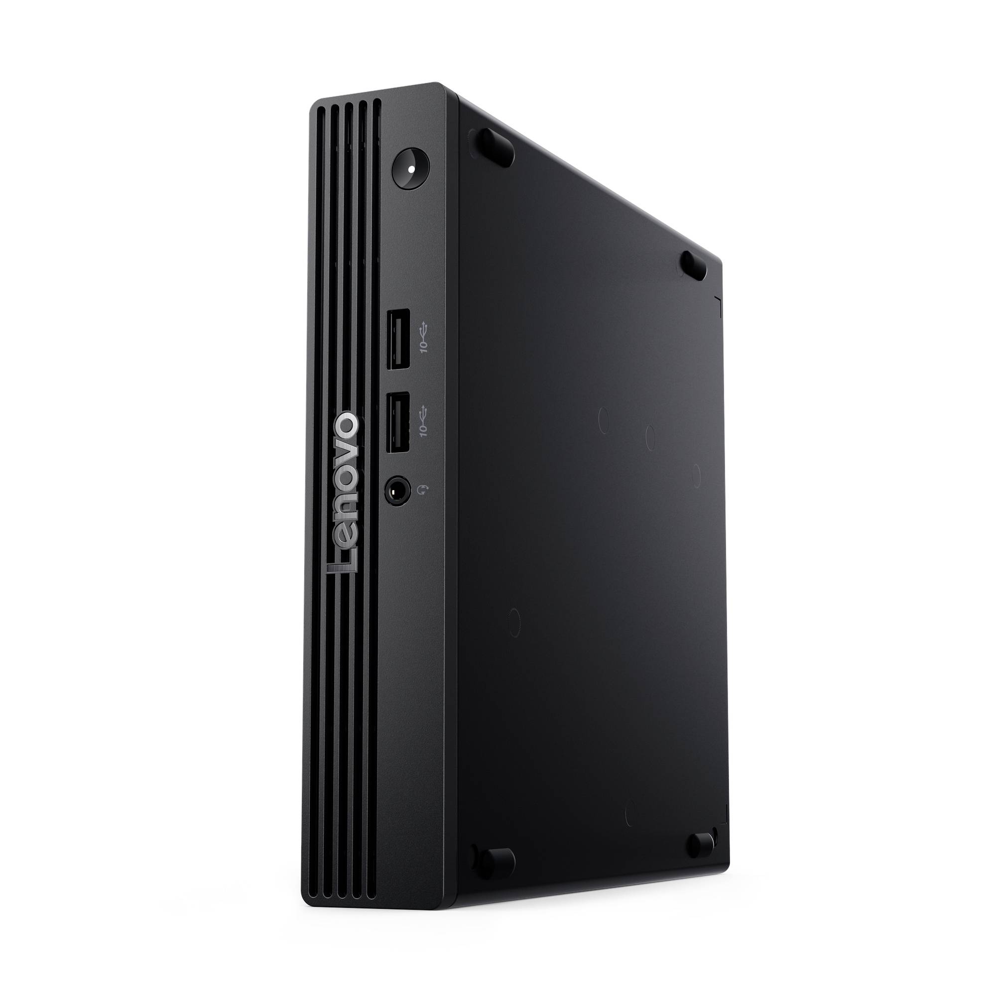 Schwarzer Lenovo Mini-Desktop-PC aufrecht dargestellt, mit sichtbaren vorderen Belüftungsschlitzen, USB-Anschlüssen und Netzschalter auf weißem Hintergrund