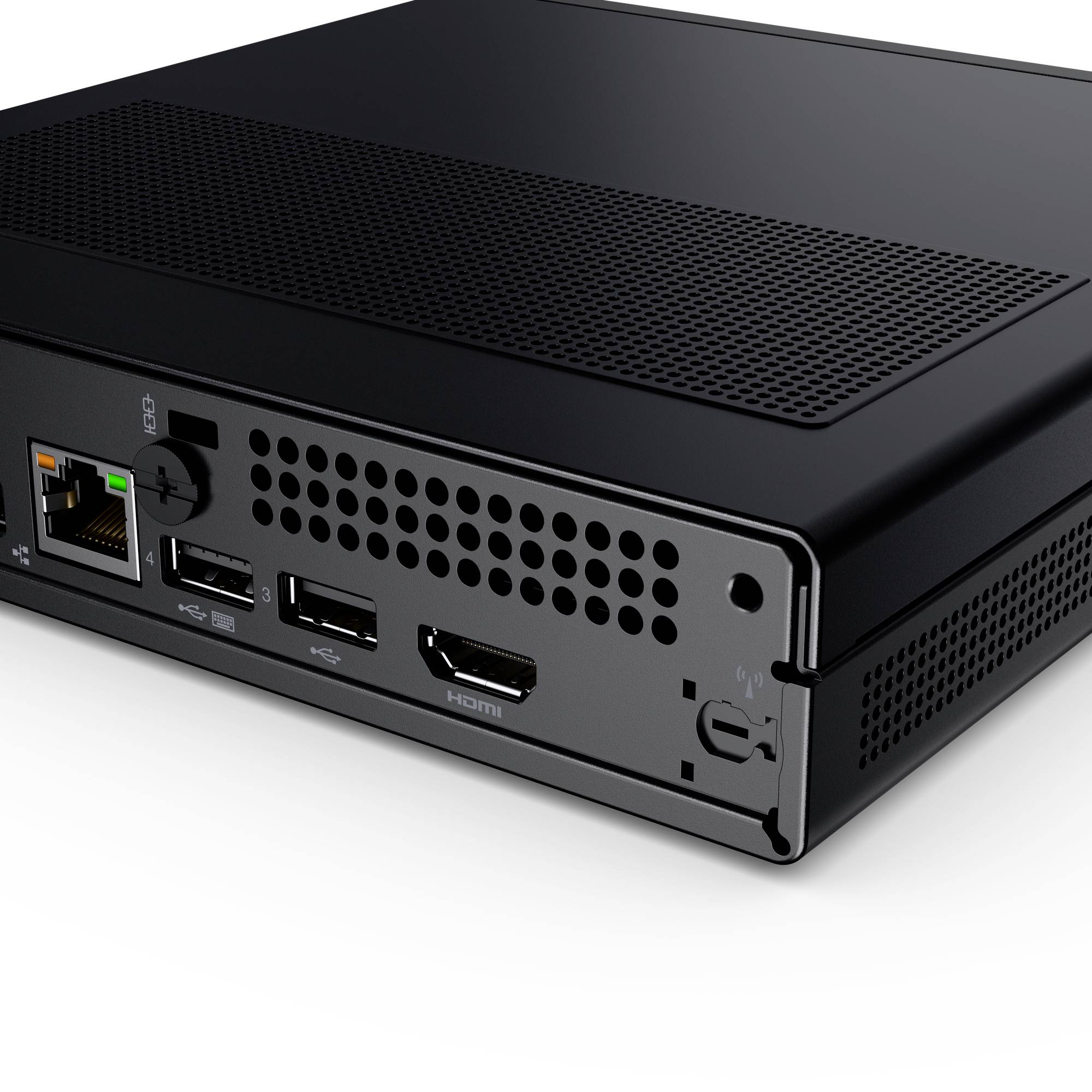 Schwarze Netzwerk-Medienbox mit Ethernet-Anschluss, zwei USB-Anschlüssen, HDMI-Ausgang und Belüftungslöchern auf der Frontplatte.