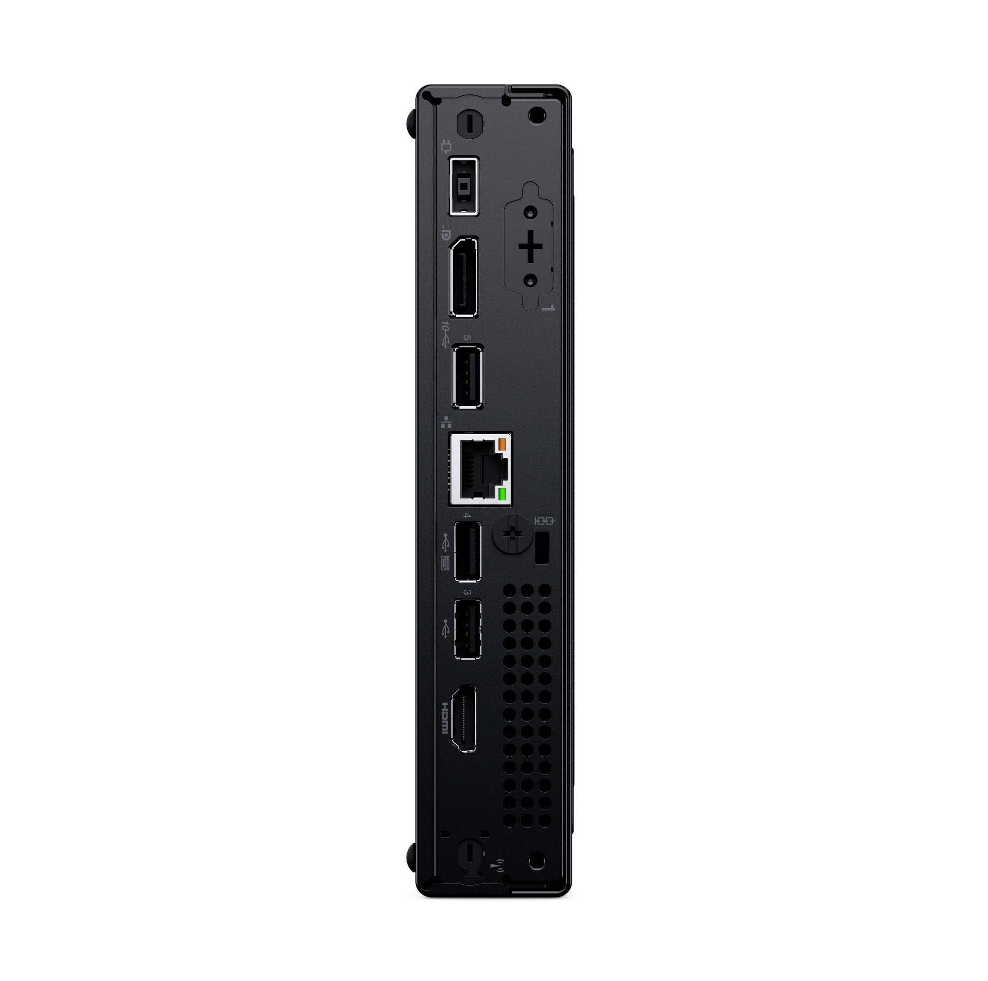 Rückansicht eines schlanken schwarzen Netzwerkgeräts mit gestapelten Anschlüssen, einschließlich USB, Ethernet, HDMI und Stromverbindungen.