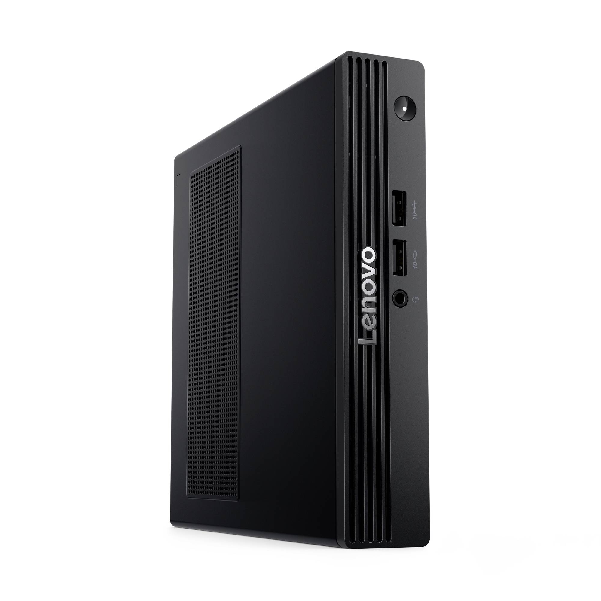 Schwarzer Lenovo Mini-Desktop-PC-Turm in schräger Ansicht, mit vorderen USB-Anschlüssen, Audiobuchse und Ein-/Ausschalter.