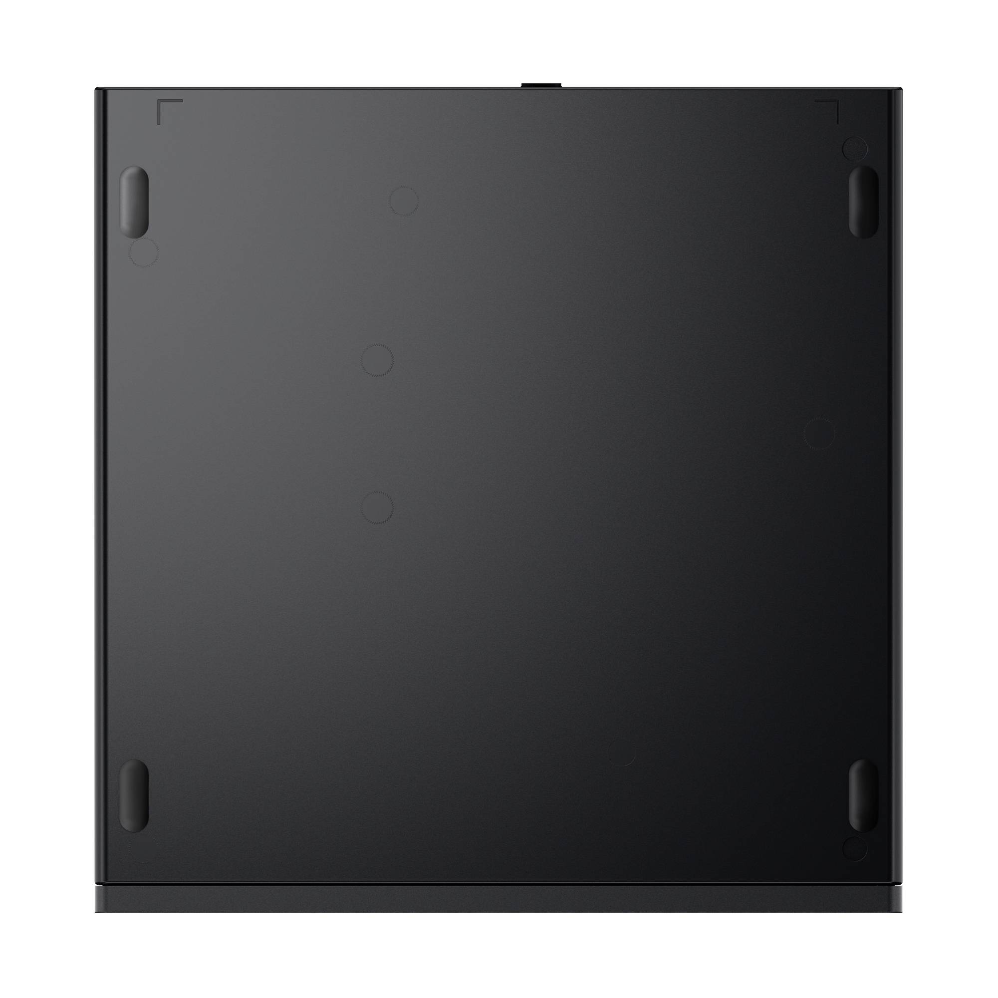 Schwarze quadratische Elektronik-Abdeckung oder Blende, frontal auf weißem Hintergrund gezeigt.