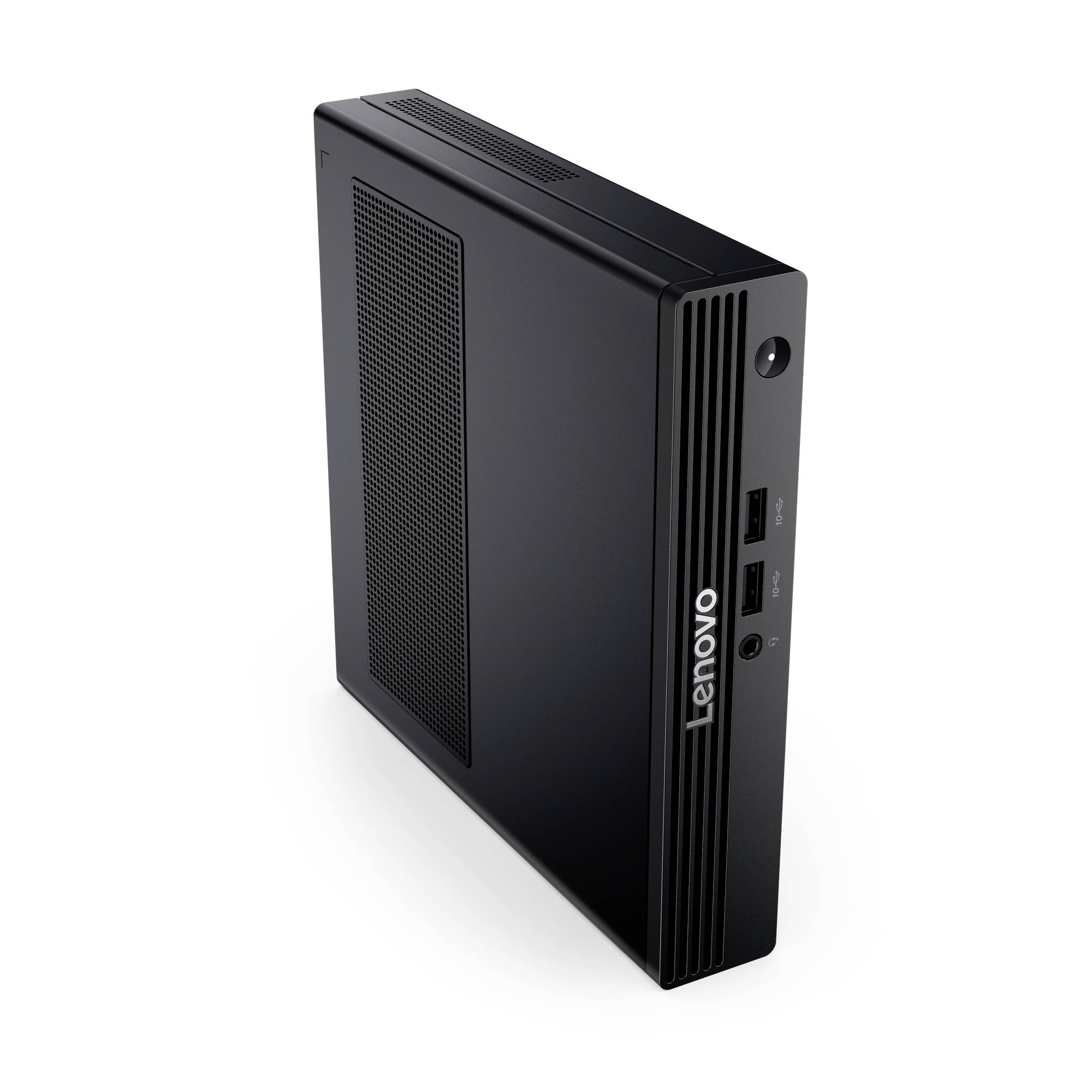 Schwarzer Lenovo Mini-Desktop-Computer in vertikaler Schrägansicht gezeigt, mit sichtbaren vorderen USB-Anschlüssen und Netzschalter.