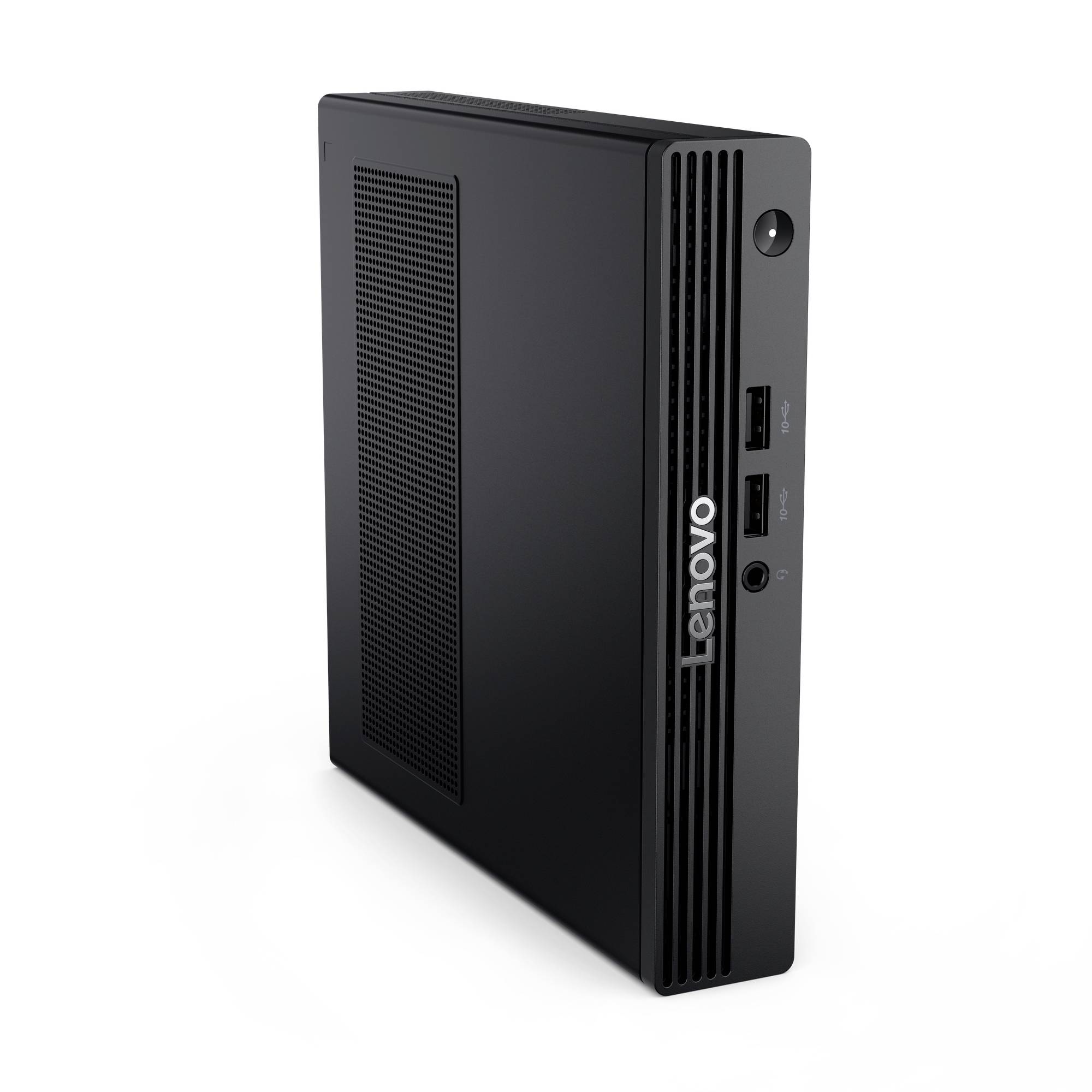 Schwarzer Mini-Lenovo-Desktopcomputer mit vorderen USB-Anschlüssen und Stromschalter, auf weißem Hintergrund dargestellt.
