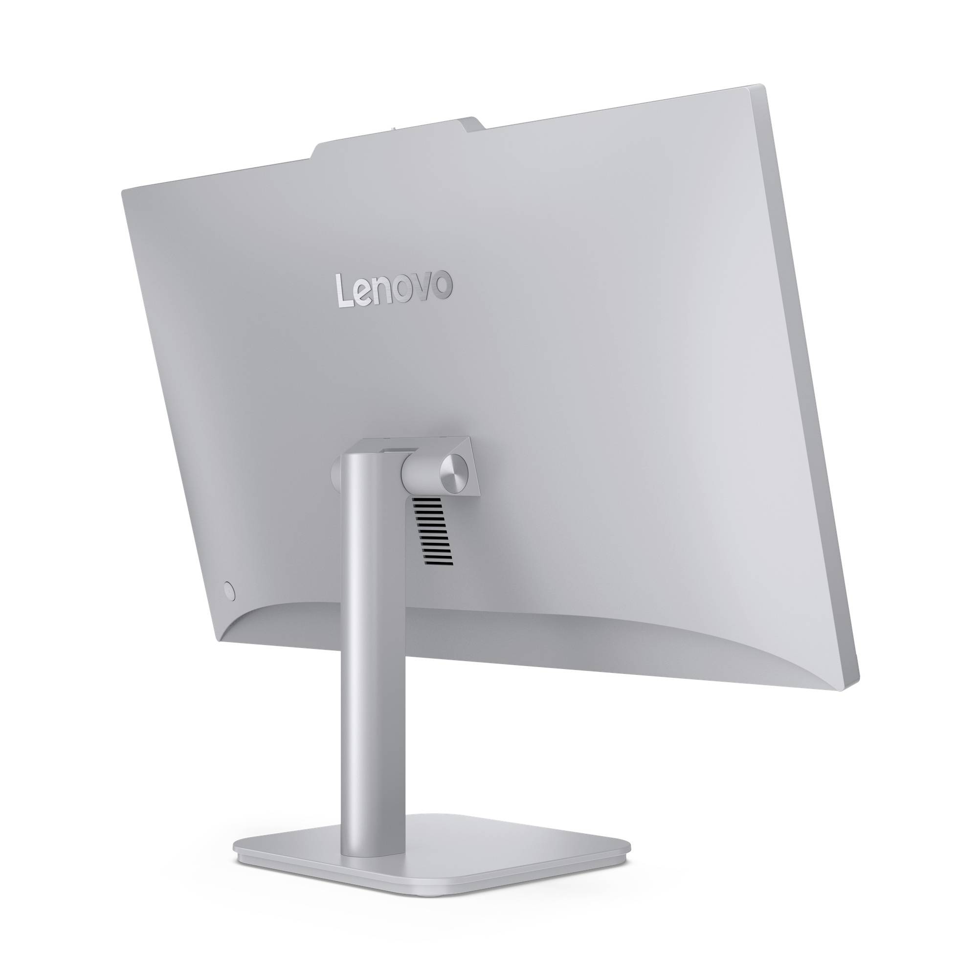 Rückansicht eines silbernen Lenovo-Desktop-Monitors auf einem Ständer vor weißem Hintergrund.