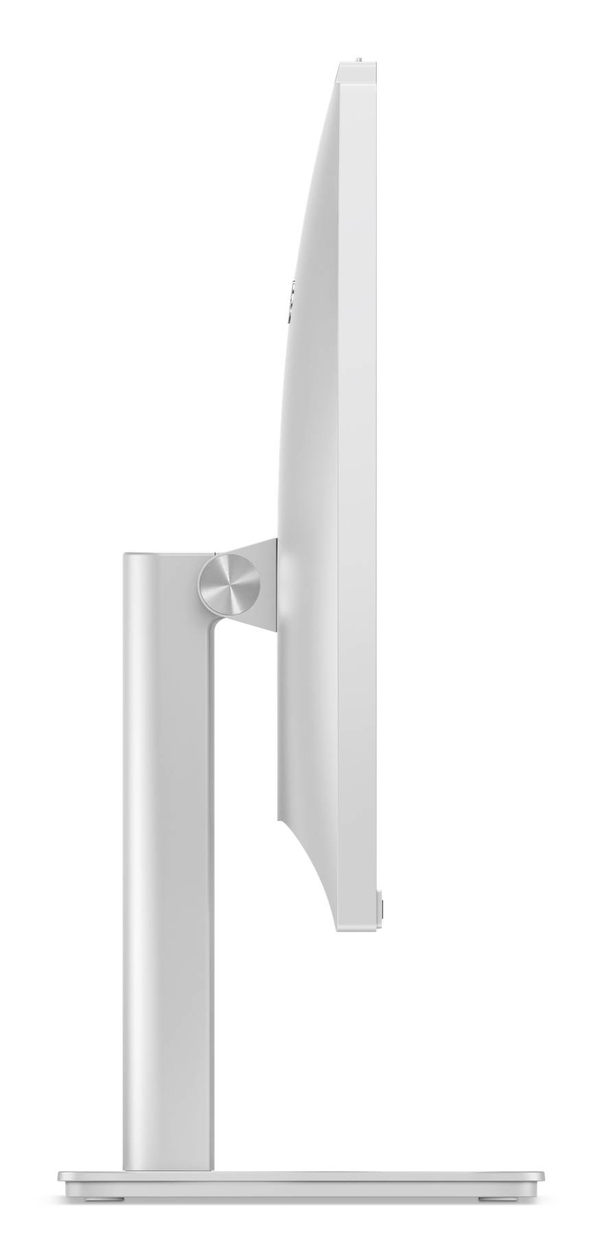Seitenansicht eines silbernen All-in-One-Desktop-Computers mit einem schlanken Monitor auf einem rechteckigen Ständer.