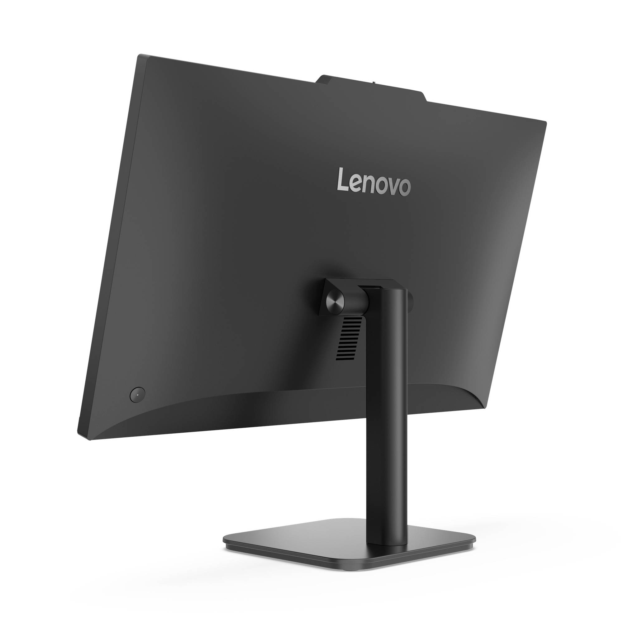 Rückansicht eines Lenovo-Desktop-Monitors auf einem Ständer.