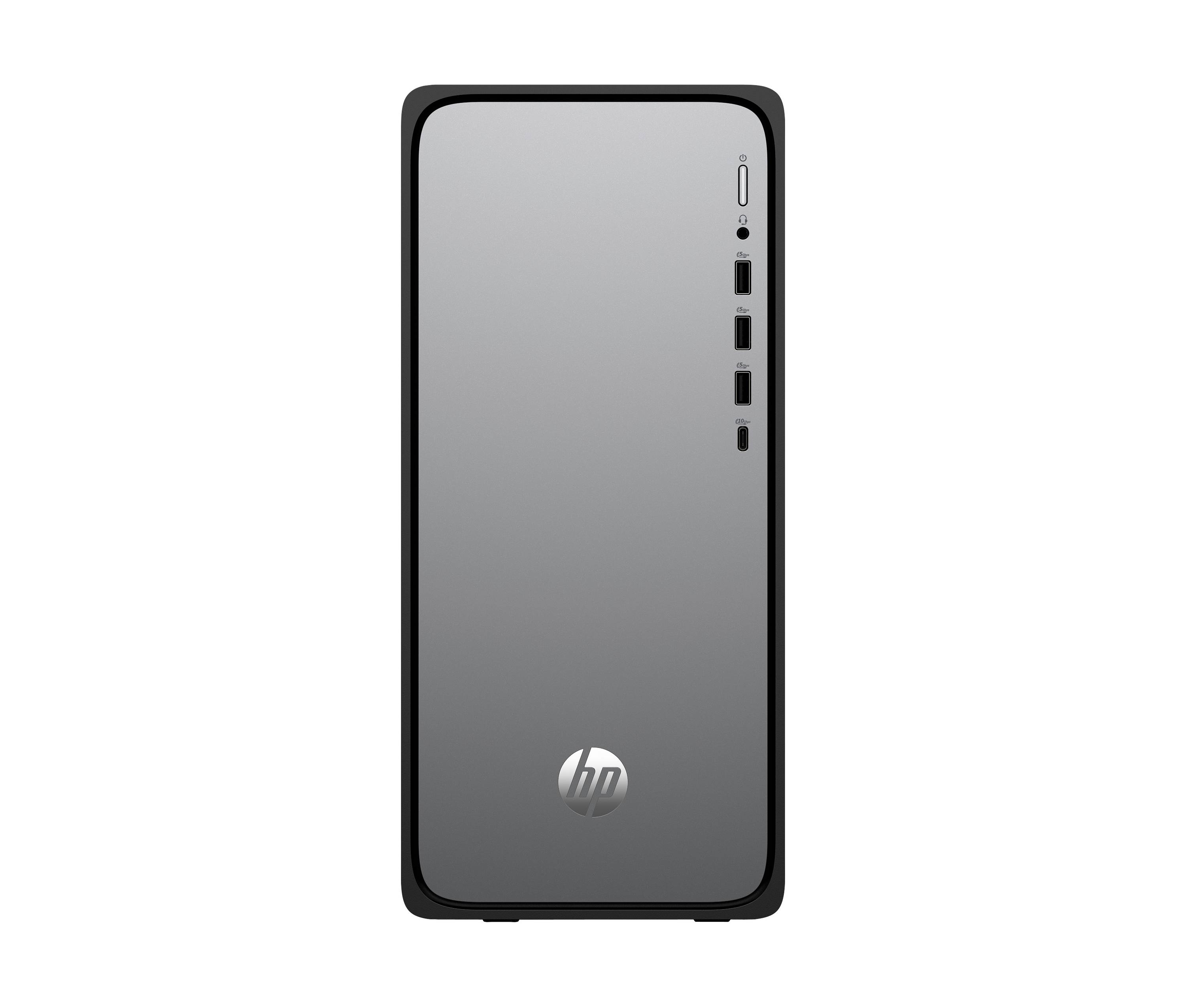 Vorderansicht eines schlanken schwarzen HP-Desktop-Towers mit dem HP-Logo und vertikalen Anschlüssen auf der rechten Seite.