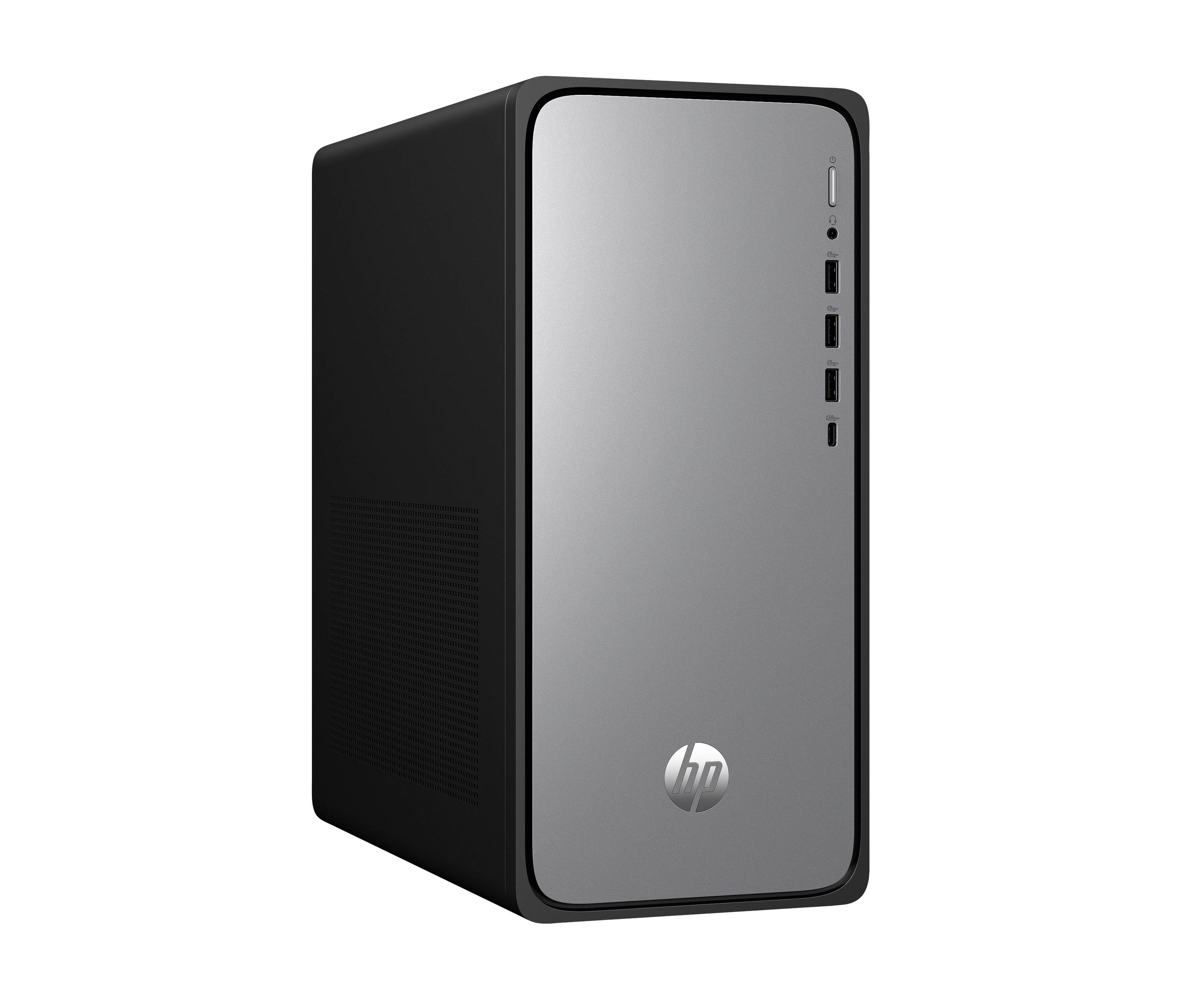 Vorderansicht eines schwarzen HP-Desktop-Tower-PCs mit silbernem Frontpaneel und mehreren vorderen USB- und Audioanschlüssen.