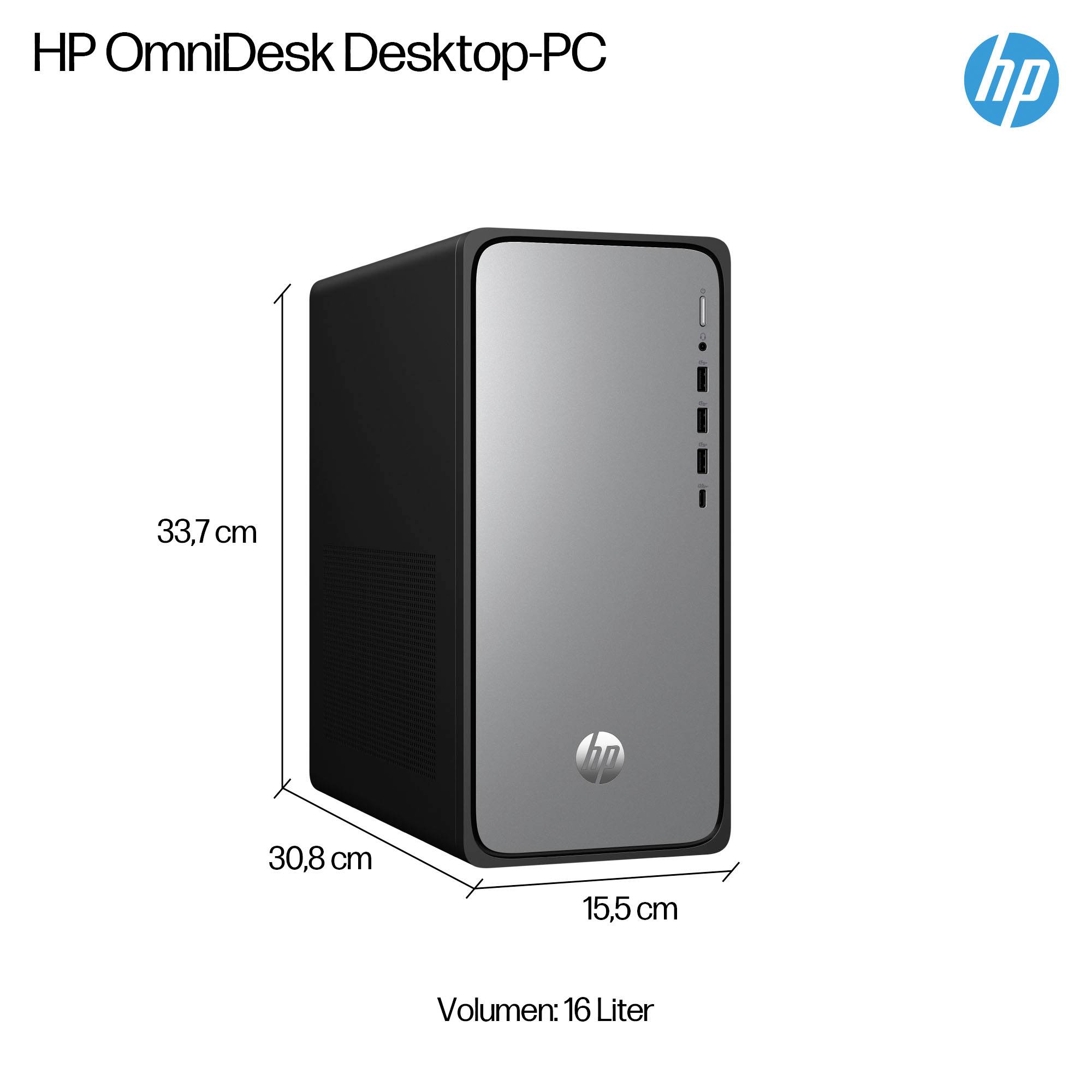 HP OmniDesk Desktop-PC-Tower mit Abmessungen von 33,7 cm Höhe, 30,8 cm Tiefe, 15,5 cm Breite und einem Volumen von 16 Litern.